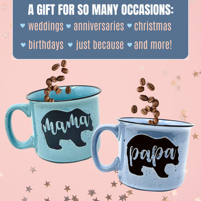 Mama Bear Coffee Mug for Mom, Mother, Wife - Cute Coffee Cups for Women - Unique Fun Gifts for Her, Mother's Day, Christmas (Mama Bear Teal and Papa Bear Light Blue Gift Set)