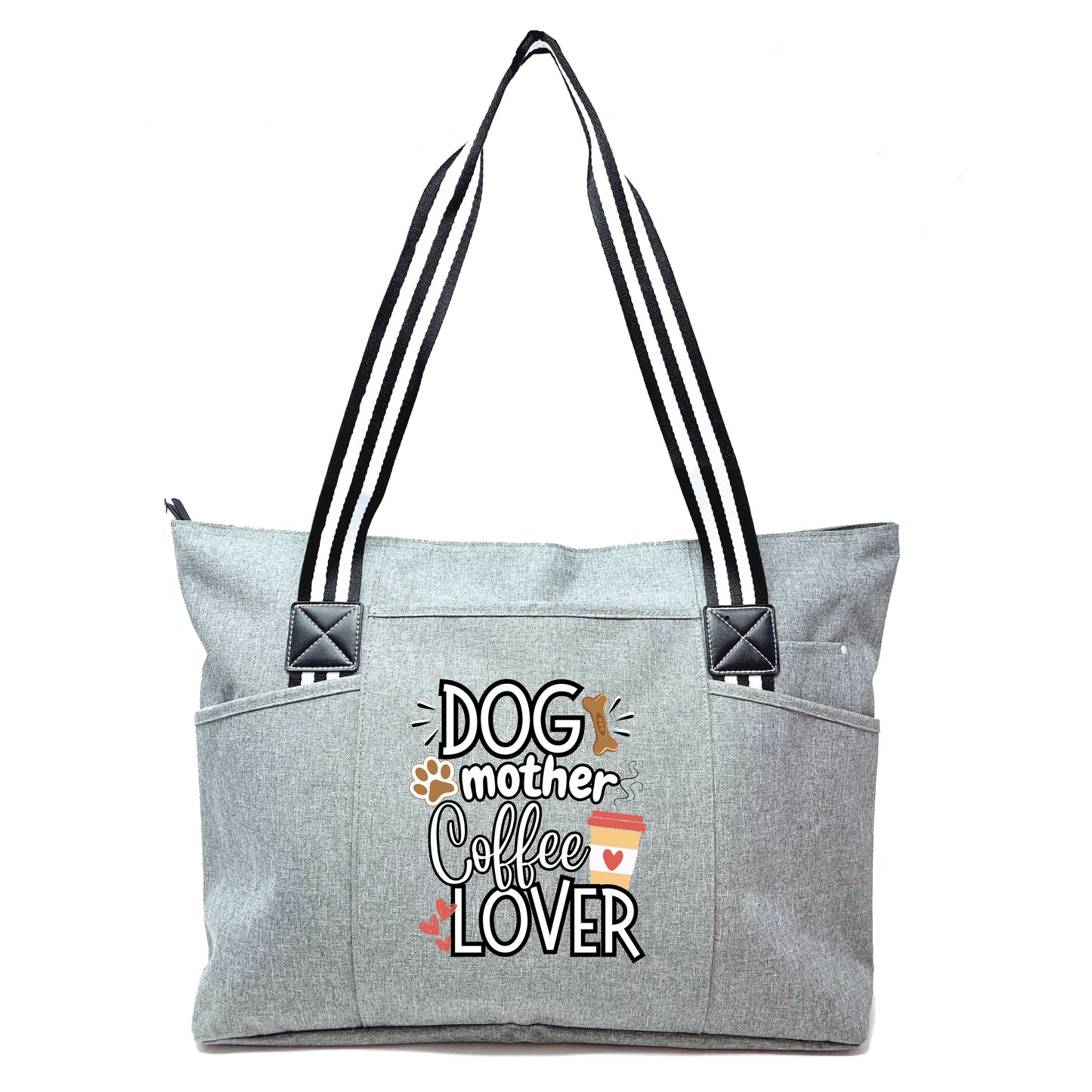 Dog Mother Coffee Lover Gray Tessa Tote Bag Gift with Pockets and Zippers