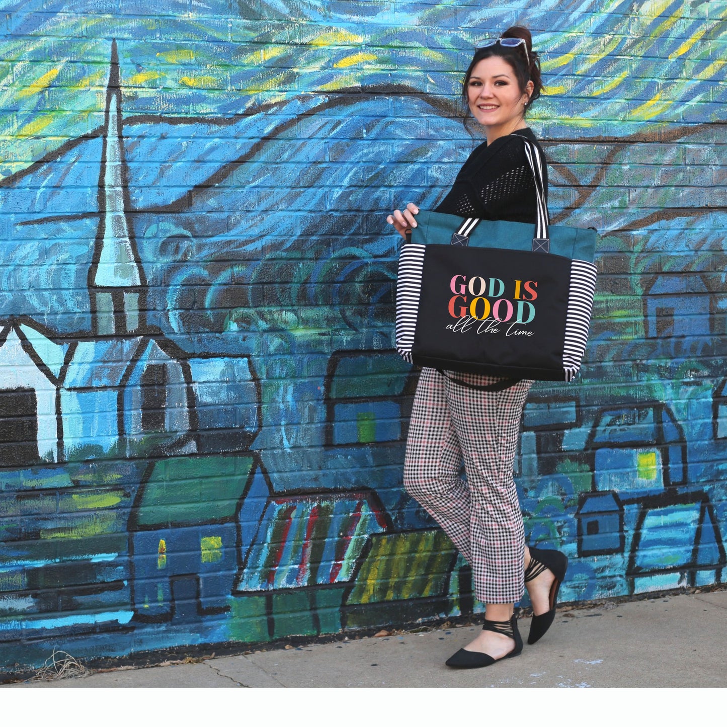 God is Good All the Time Teal LouLou Tote Bag with 15 Pockets