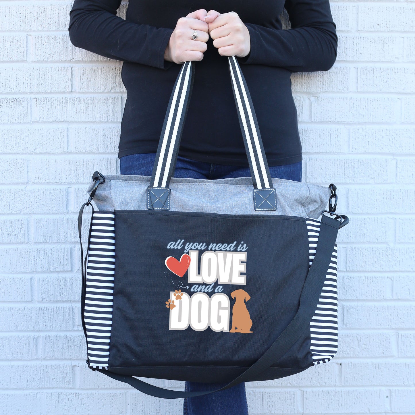 All You Need is Love and a Dog Gray LouLou Tote Bag with 15 Pockets