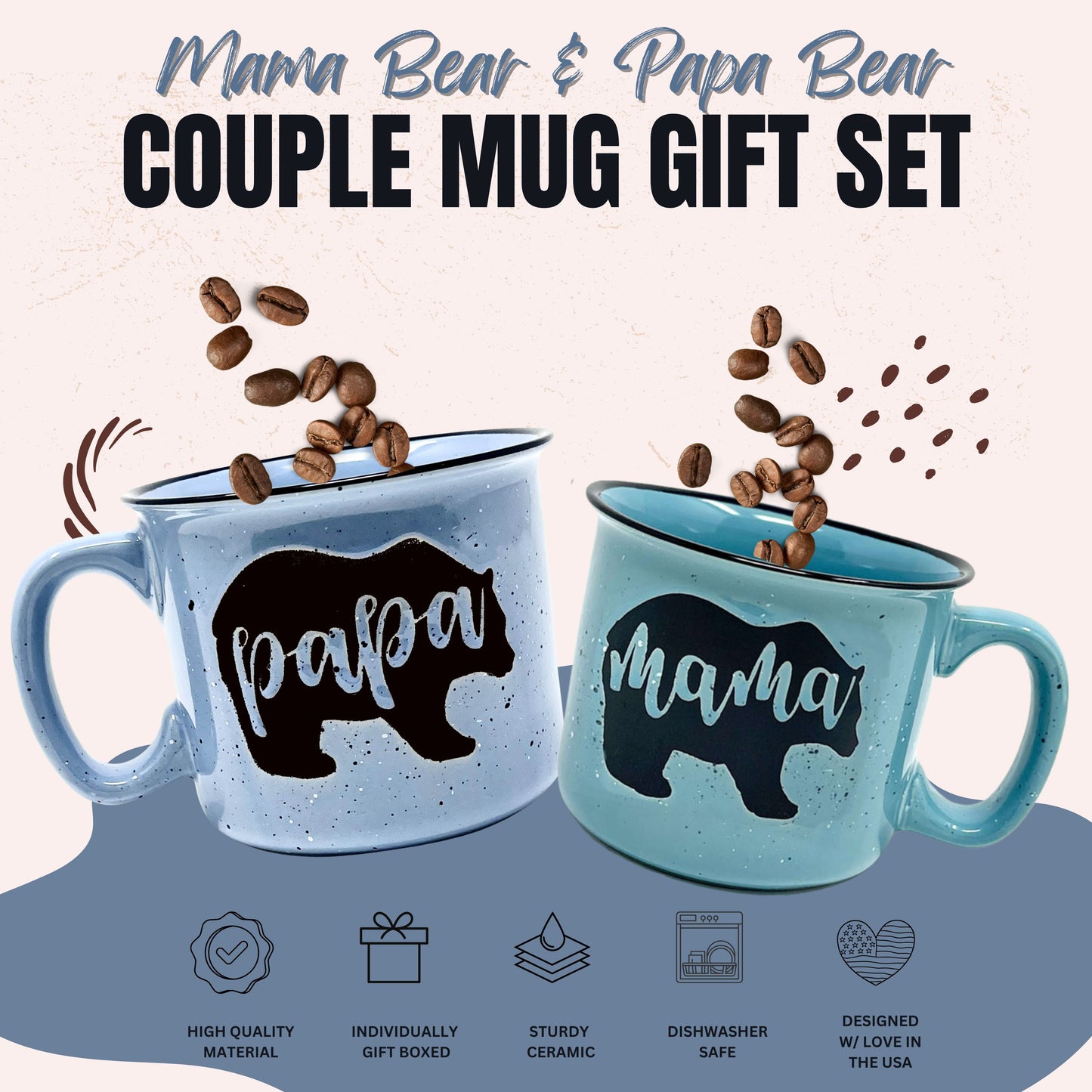 Mama Bear Coffee Mug for Mom, Mother, Wife - Cute Coffee Cups for Women - Unique Fun Gifts for Her, Mother's Day, Christmas (Mama Bear Teal and Papa Bear Light Blue Gift Set)