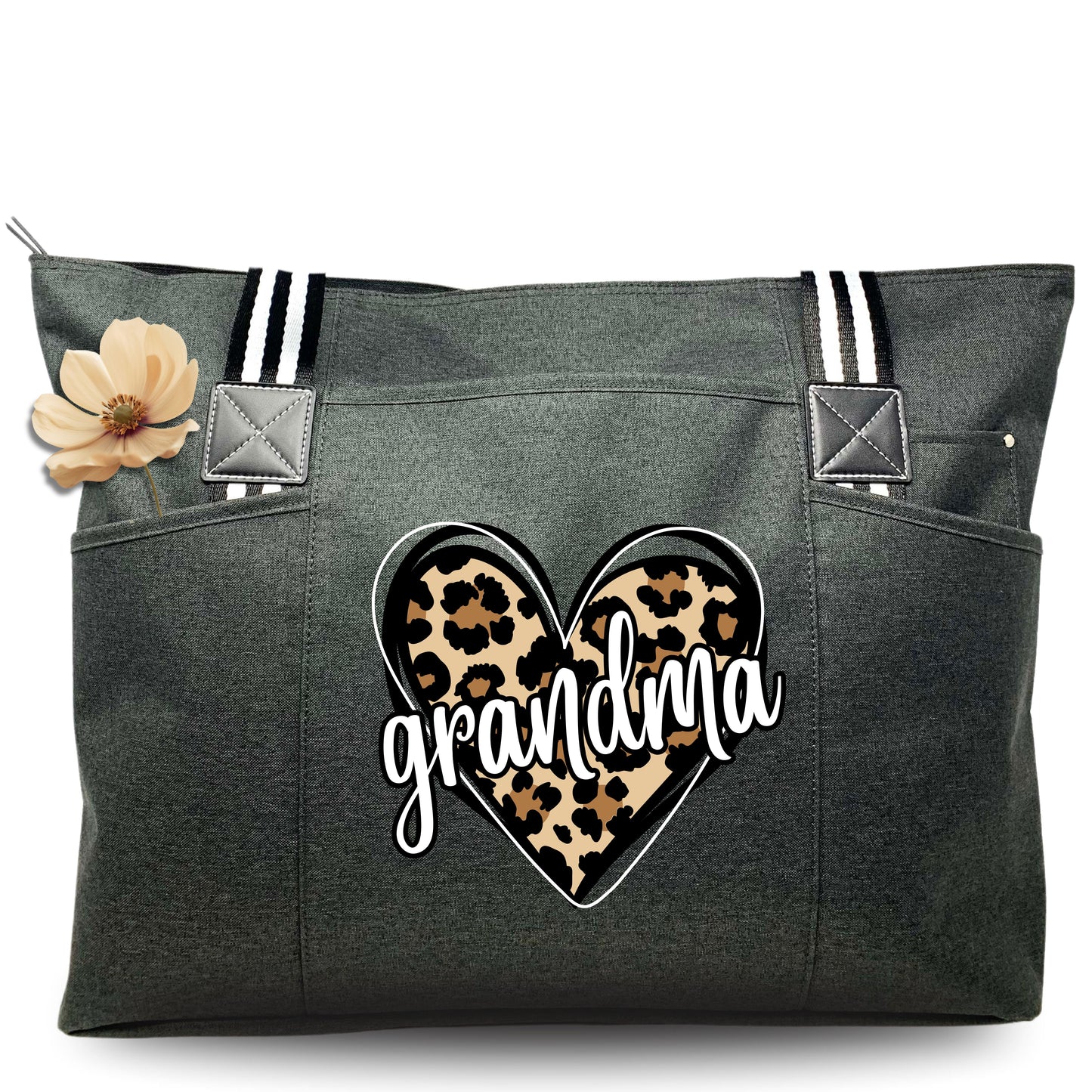 Cheetah Heart Grandma Black Tessa Tote Bag With Pockets and Zippers