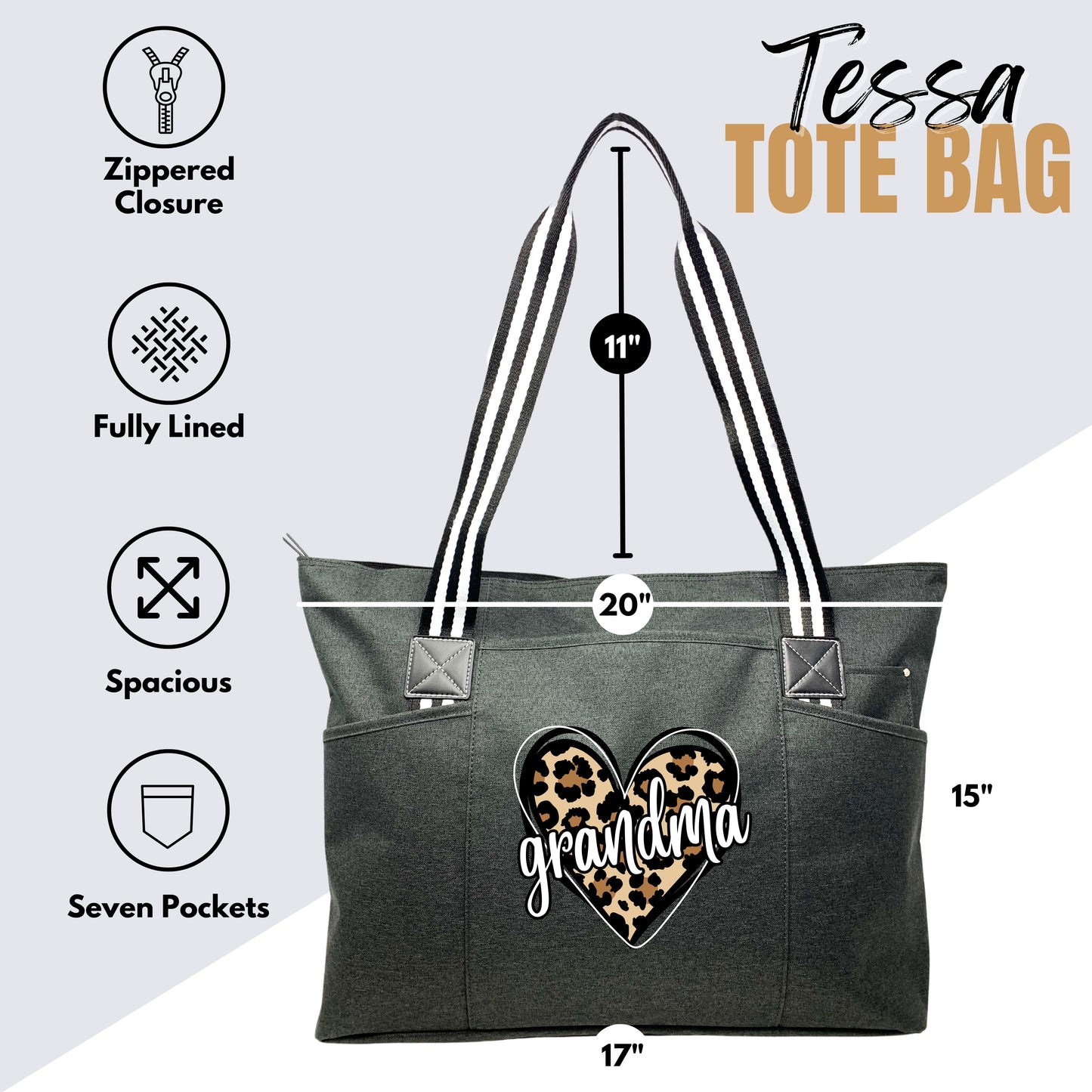 Cheetah Heart Grandma Black Tessa Tote Bag With Pockets and Zippers