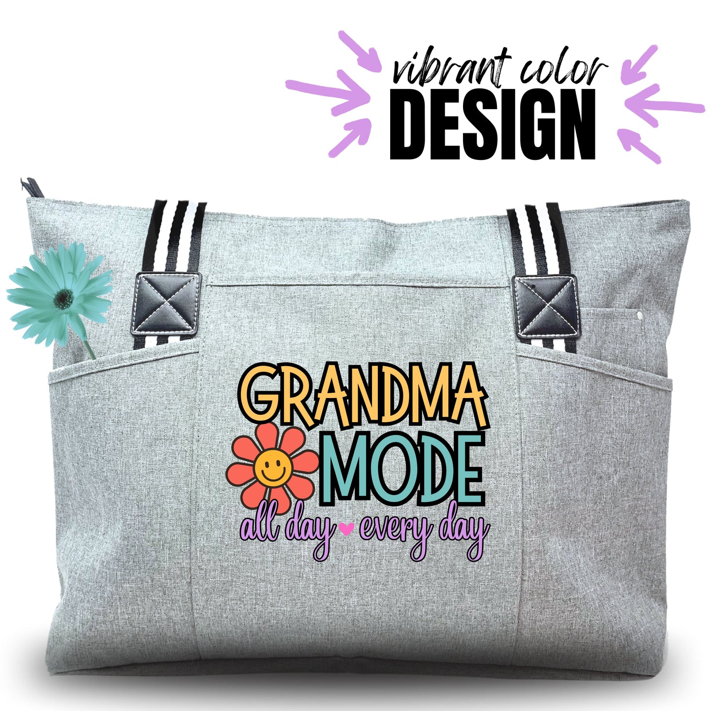 Grandma Mode All Day Every Day Tote Bag Gift with Pockets and Zipper