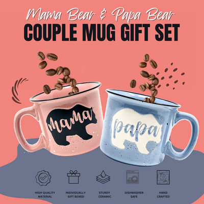 Mama Bear & Papa Bear Coffee Mug - Cute Coffee Cups for Men and Women - Unique Fun Gifts for Him, Her, Mother's Day, Father's Day, Christmas (Mama Bear Coral & Papa Bear Light Blue Gift Set)