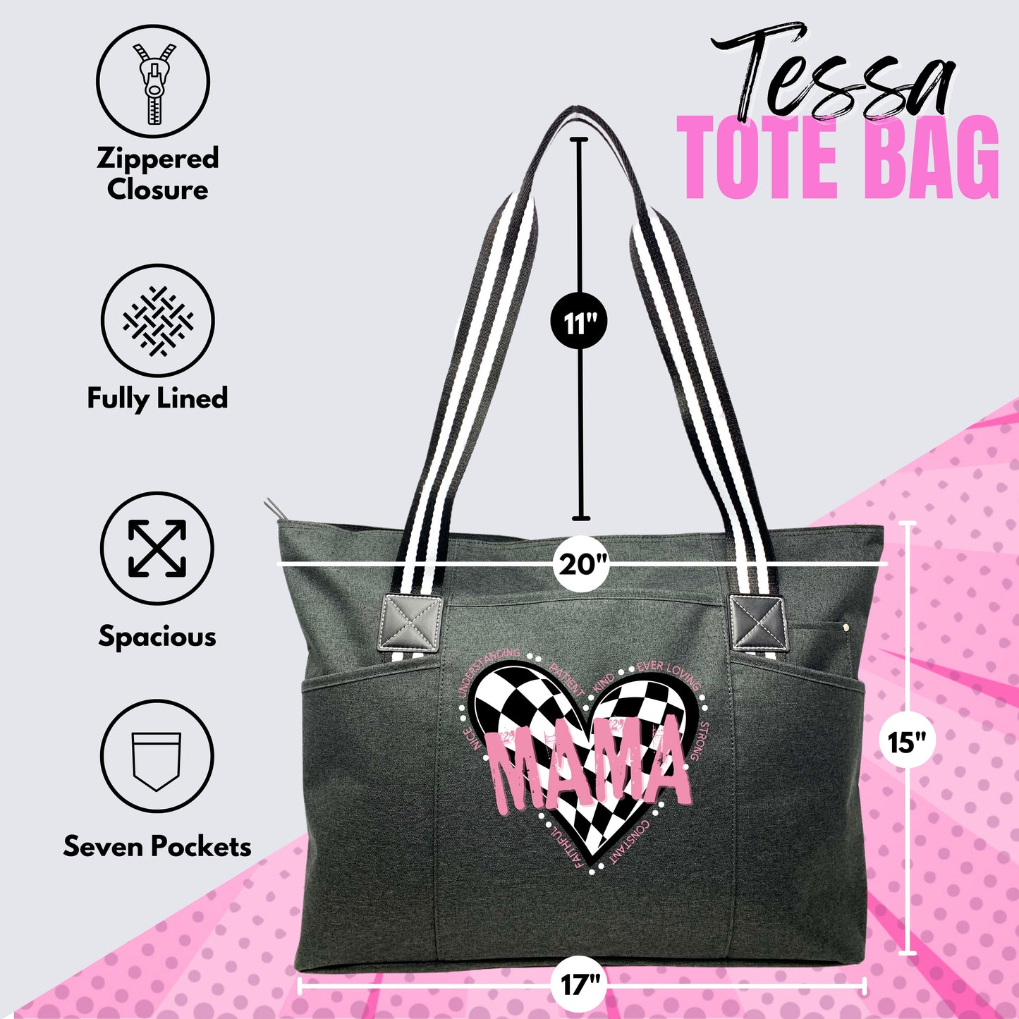Mama Pink Checkered Heart Tessa Black Bag for Mom