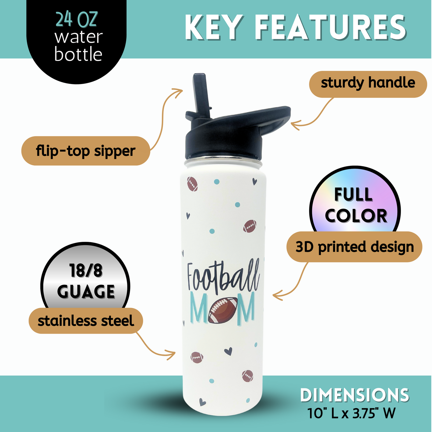 Football Mom Water Bottle Gift - Large Insulated Water Bottle with Straw - Stainless Steel Metal 24 oz Travel Cup for Mom, Mama, Mother, Wife, Women | Keeps Hot and Cold for Hours