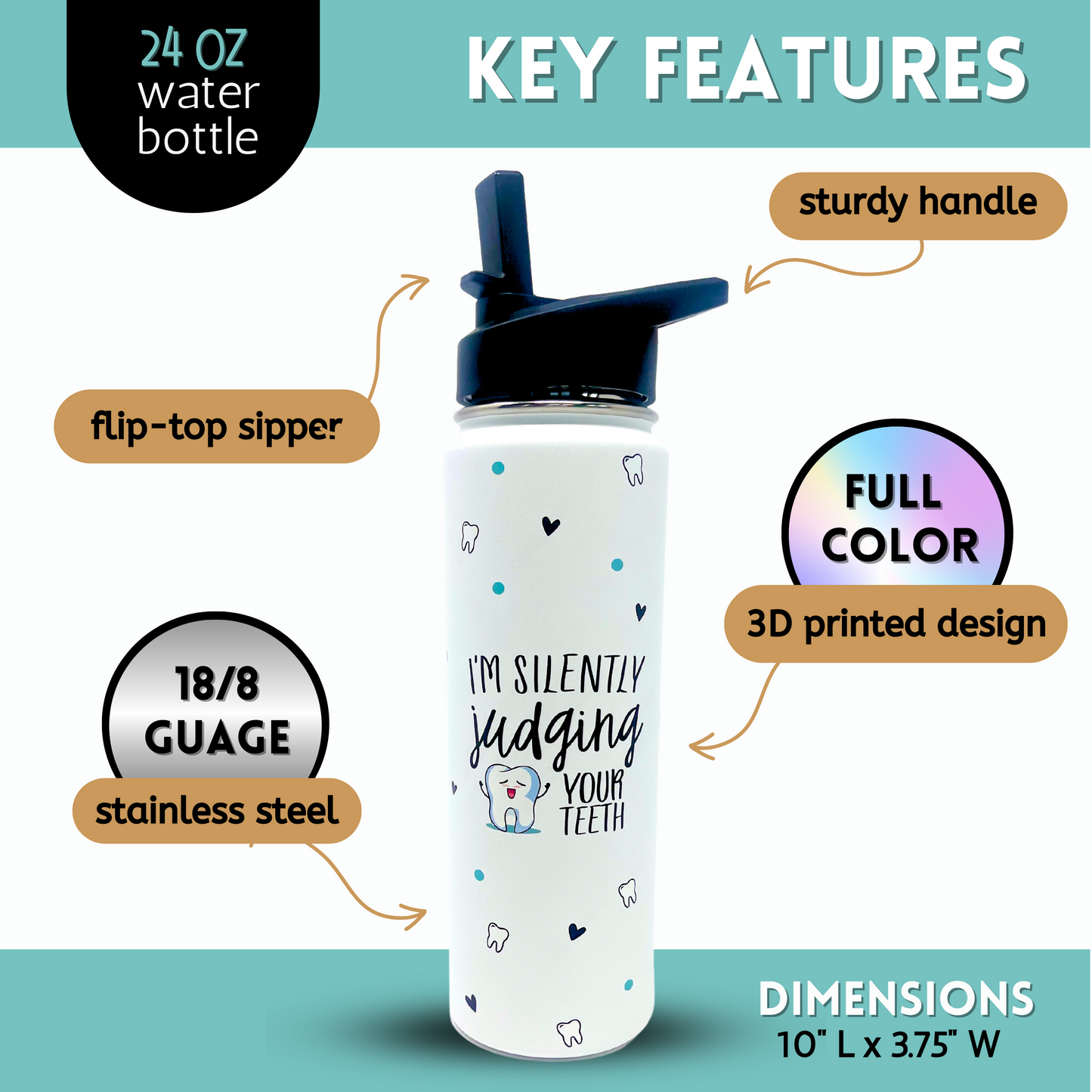 I'm Silently Judging Your Teeth Water Bottle - Dental Assistant Hygienist Gifts for Women - Dentist Tumbler, Cups, Coffee Mug, Insulated Water Bottle - Great Gift for Birthday, Appreciation Week