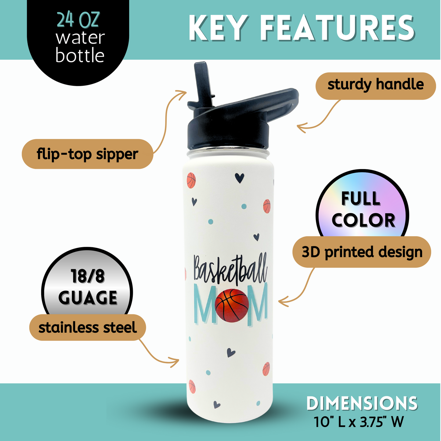 Basketball Mom Water Bottle Gift - Large Insulated Water Bottle with Straw - Stainless Steel Metal 24 oz Travel Cup for Mom, Mama, Mother, Wife, Women | Keeps Hot and Cold for Hours