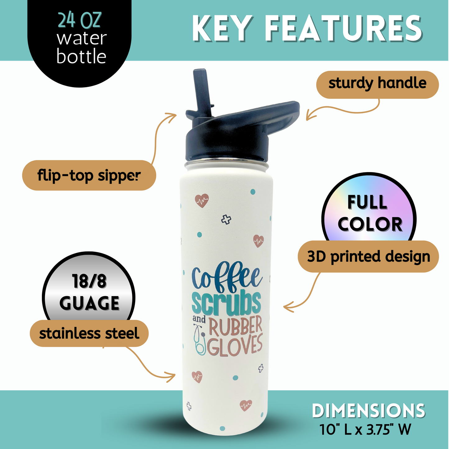 Nurse Gifts for Women - Coffee Scrubs and Rubber gloves full color water bottle