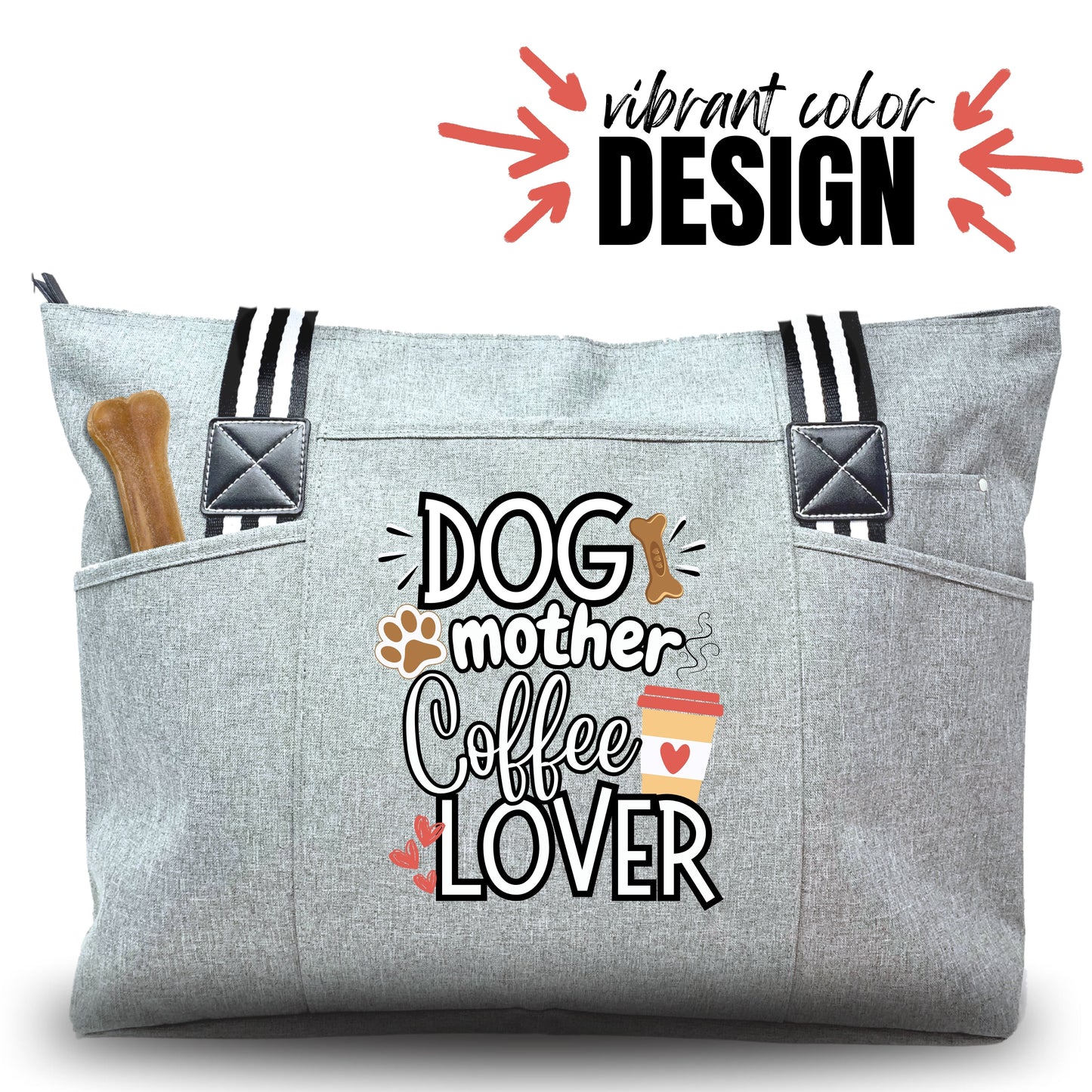 Dog Mother Coffee Lover Gray Tessa Tote Bag Gift with Pockets and Zippers