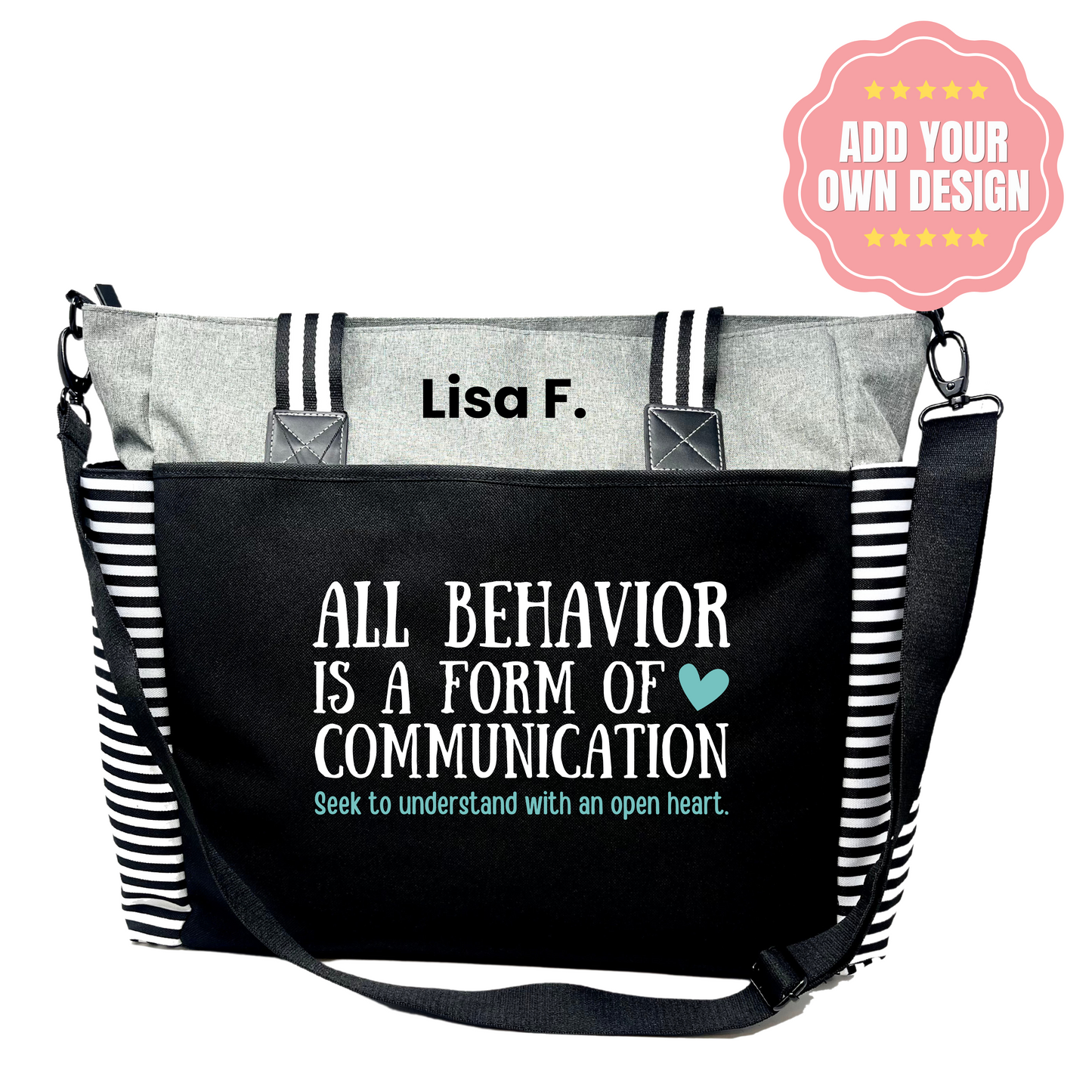 Custom-Designed & Personalized GRAY LouLou Tote Bag with Multiple Zippers and Compartments