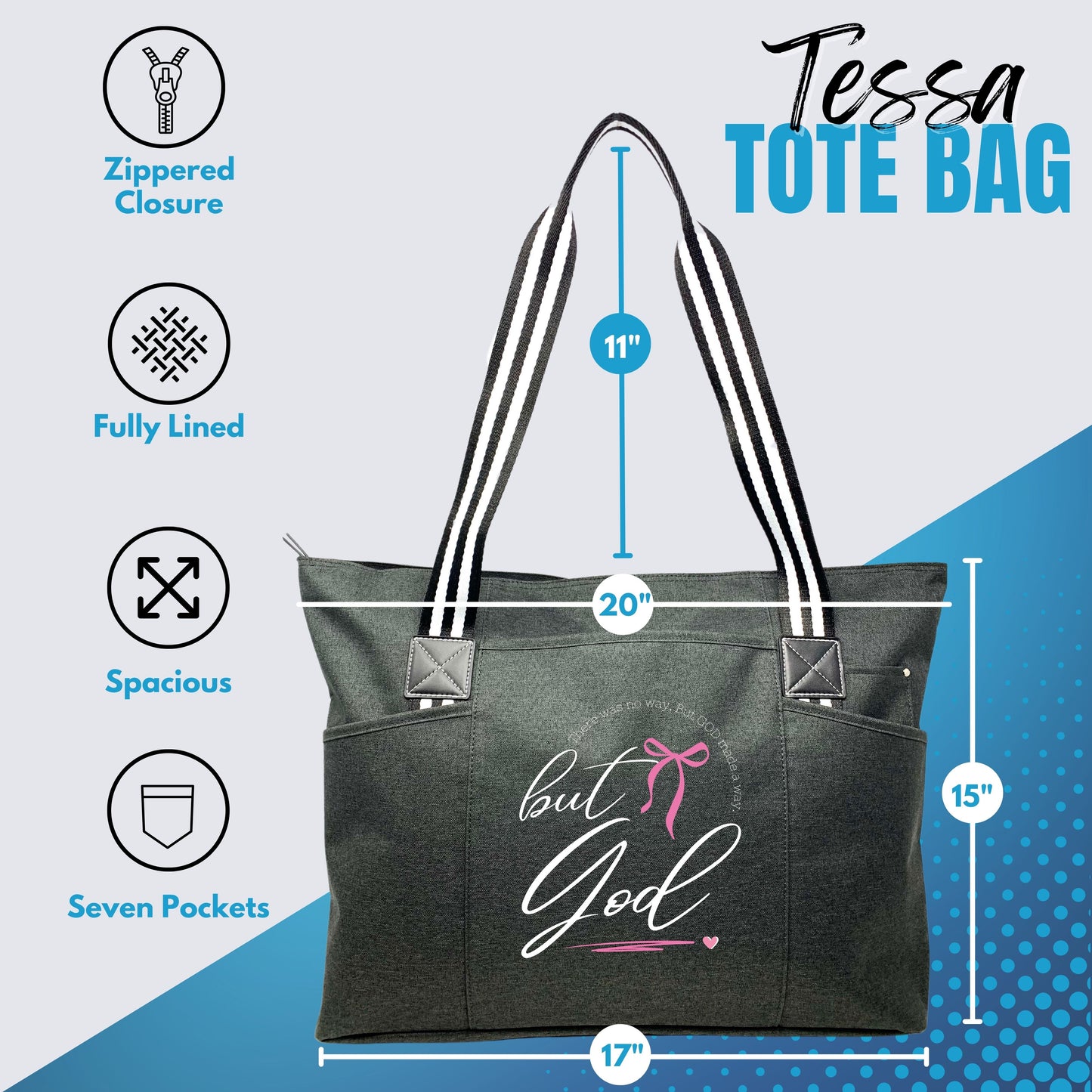 But God Black Tessa Tote Bag With Pockets and Zippers
