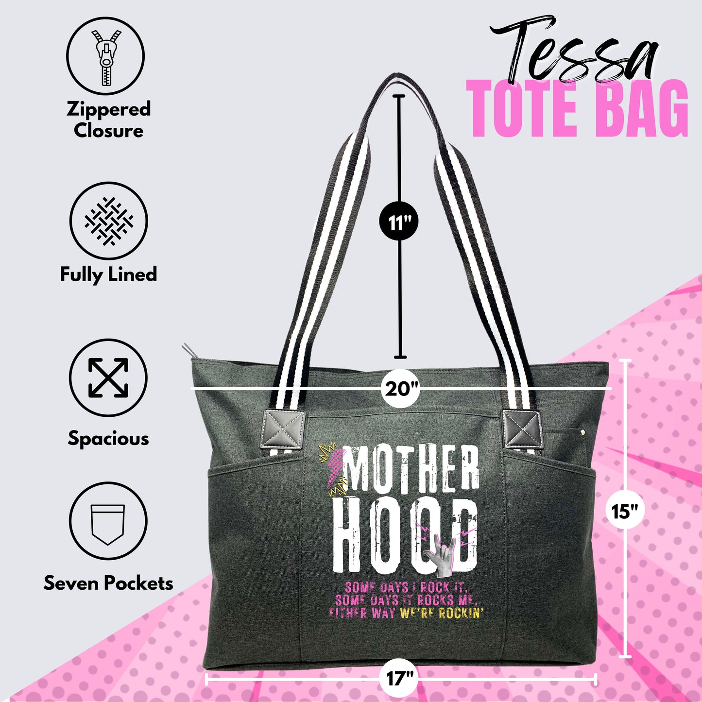 Motherhood Rocks Black Tessa Tote Bag for Mom, Mama, Mommy