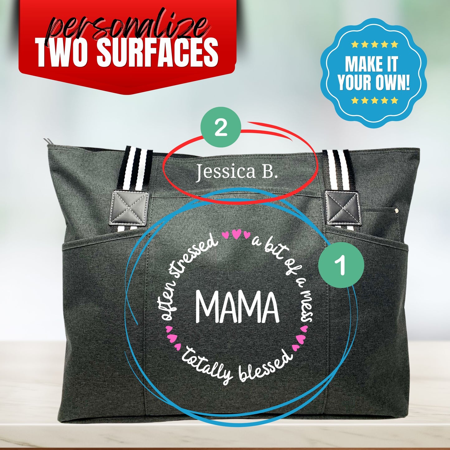 Custom-Designed & Personalized BLACK Tessa Tote Bag with Multiple Zippers and Compartments (Copy) (Copy)