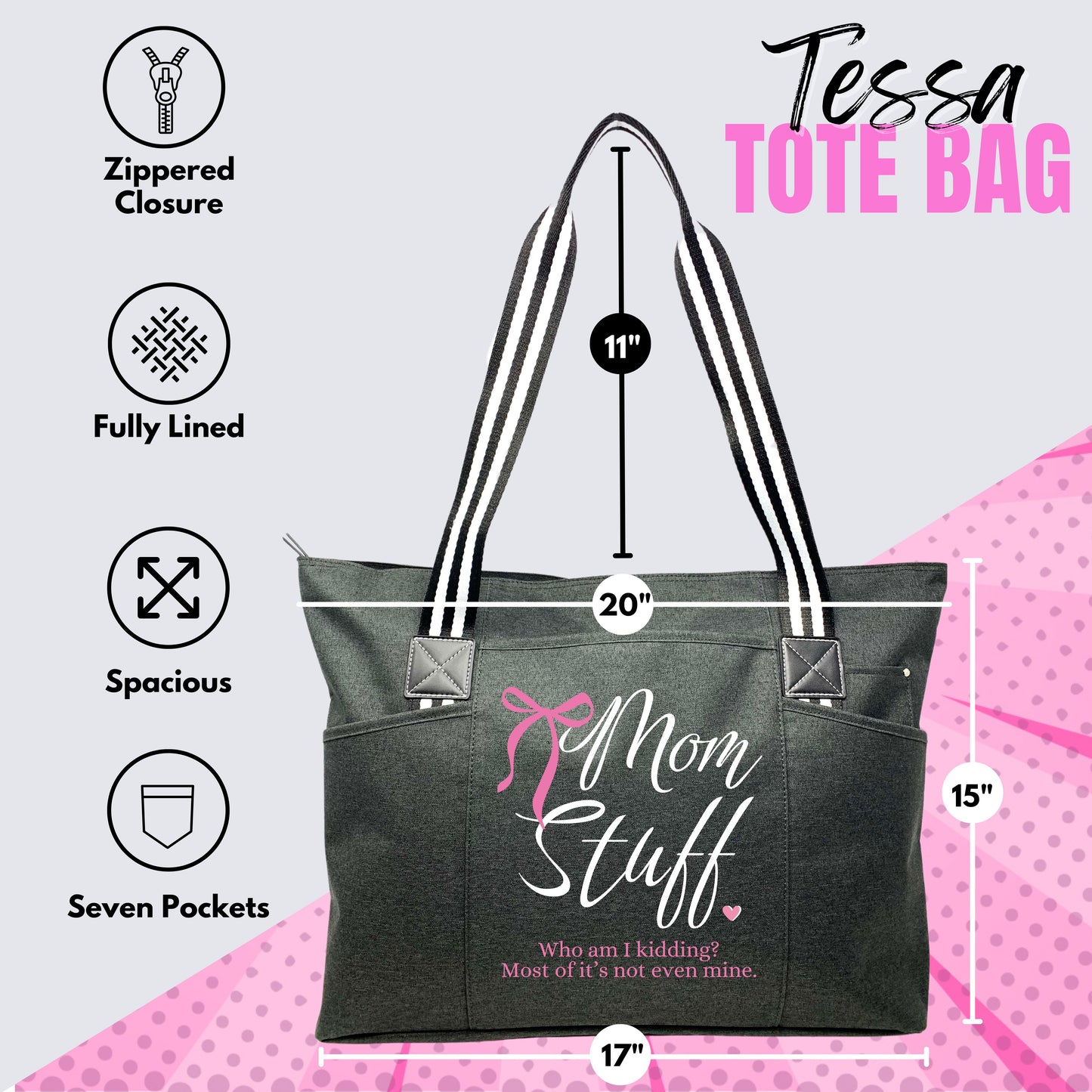Mom Stuff Black Tessa Tote Bag for Mama