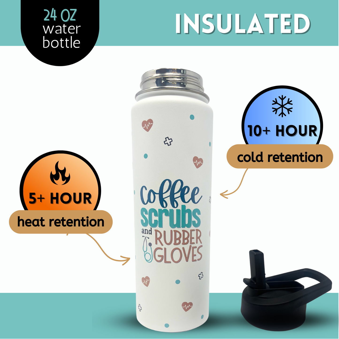 Nurse Gifts for Women - Coffee Scrubs and Rubber gloves full color water bottle