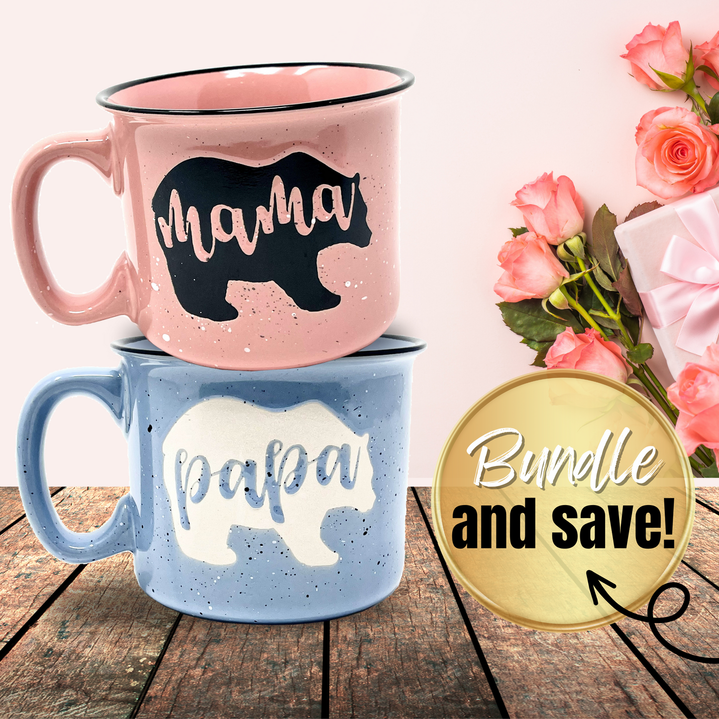 Mama Bear & Papa Bear Coffee Mug - Cute Coffee Cups for Men and Women - Unique Fun Gifts for Him, Her, Mother's Day, Father's Day, Christmas (Mama Bear Coral & Papa Bear Light Blue Gift Set)