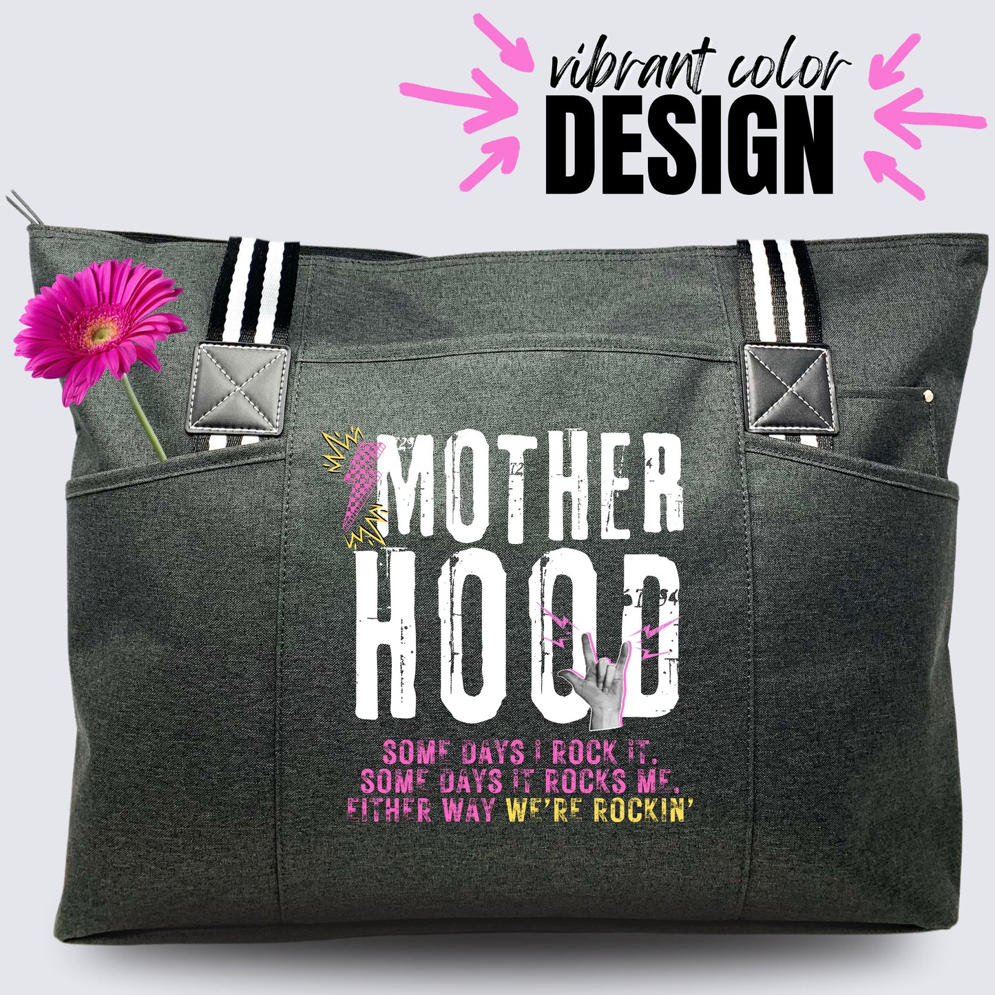 Motherhood Rocks Black Tessa Tote Bag for Mom, Mama, Mommy