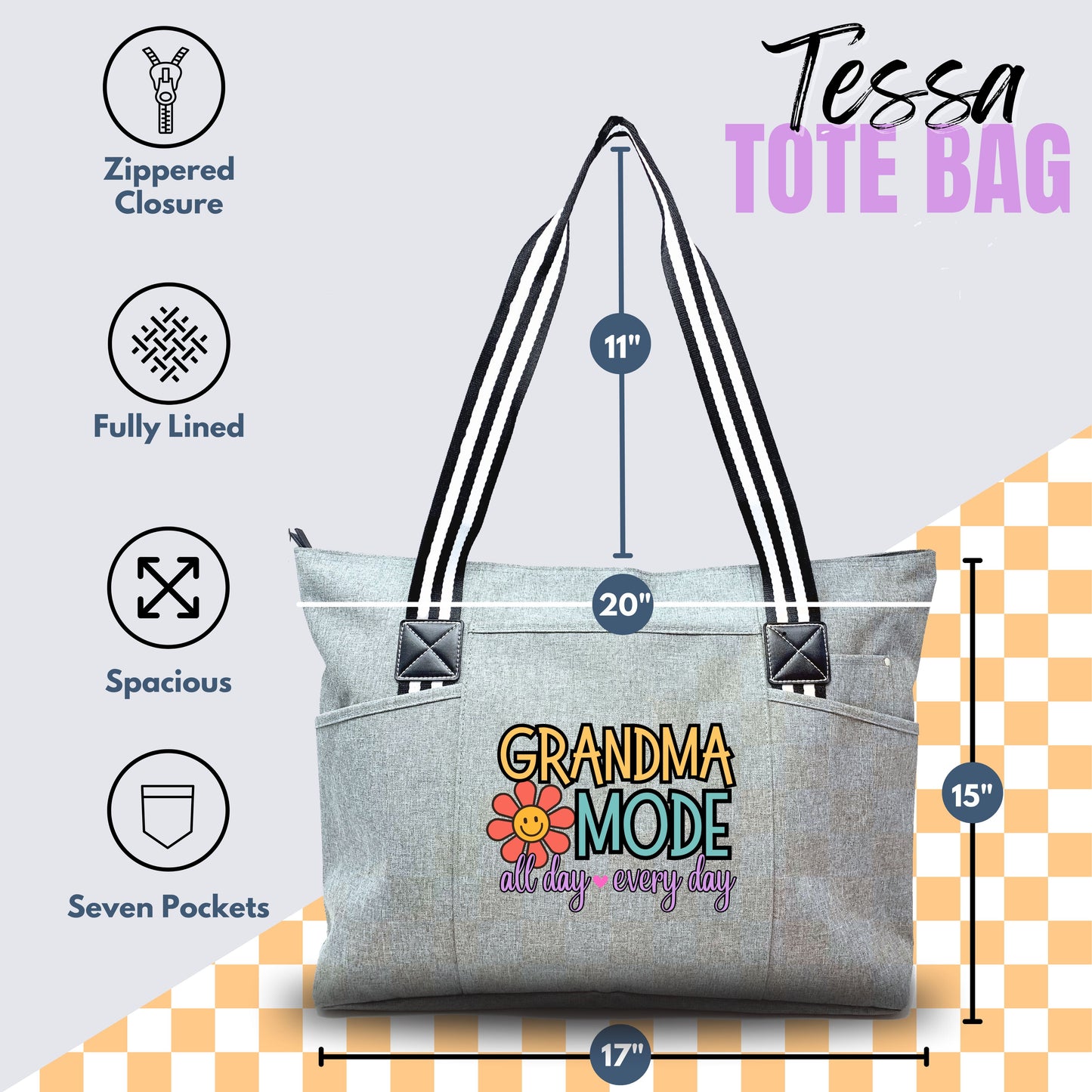 Grandma Mode All Day Every Day Tote Bag Gift with Pockets and Zipper