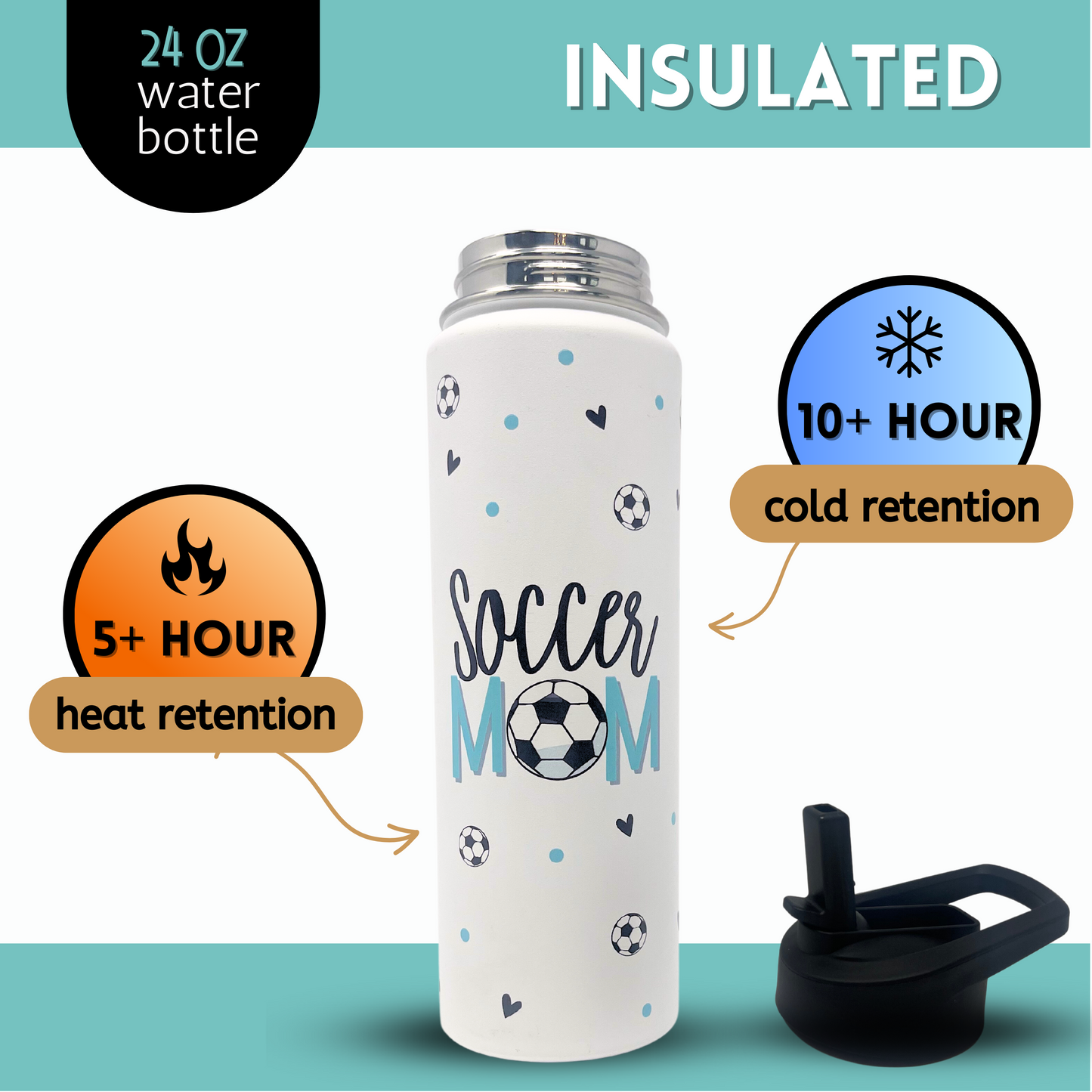 Soccer Mom Water Bottle- Large Insulated Water Bottle with Straw - Stainless Steel Metal 24 oz Travel Cup for Mom, Mama, Mother, Wife, Women | Keeps Hot and Cold for Hours