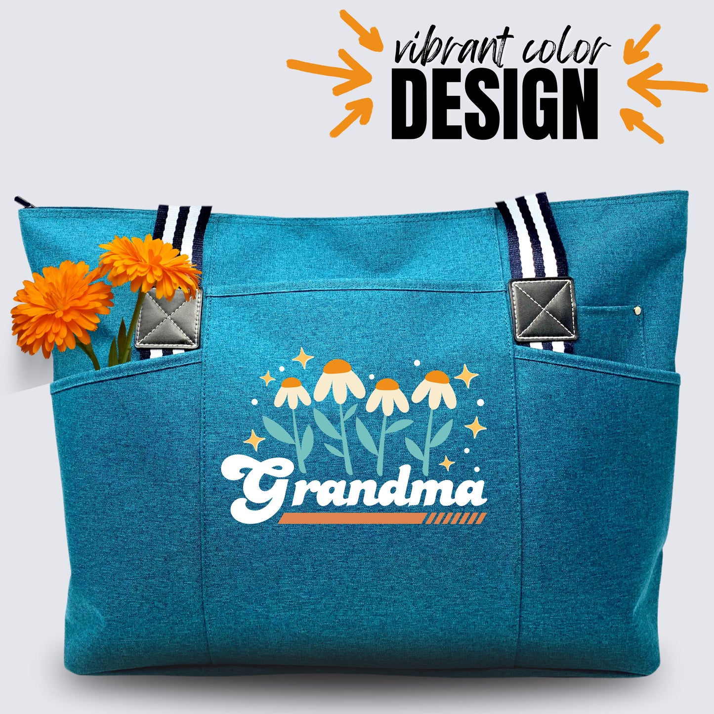 Retro Flowers Grandma Teal Tessa Tote Bag with Pockets and Zippers