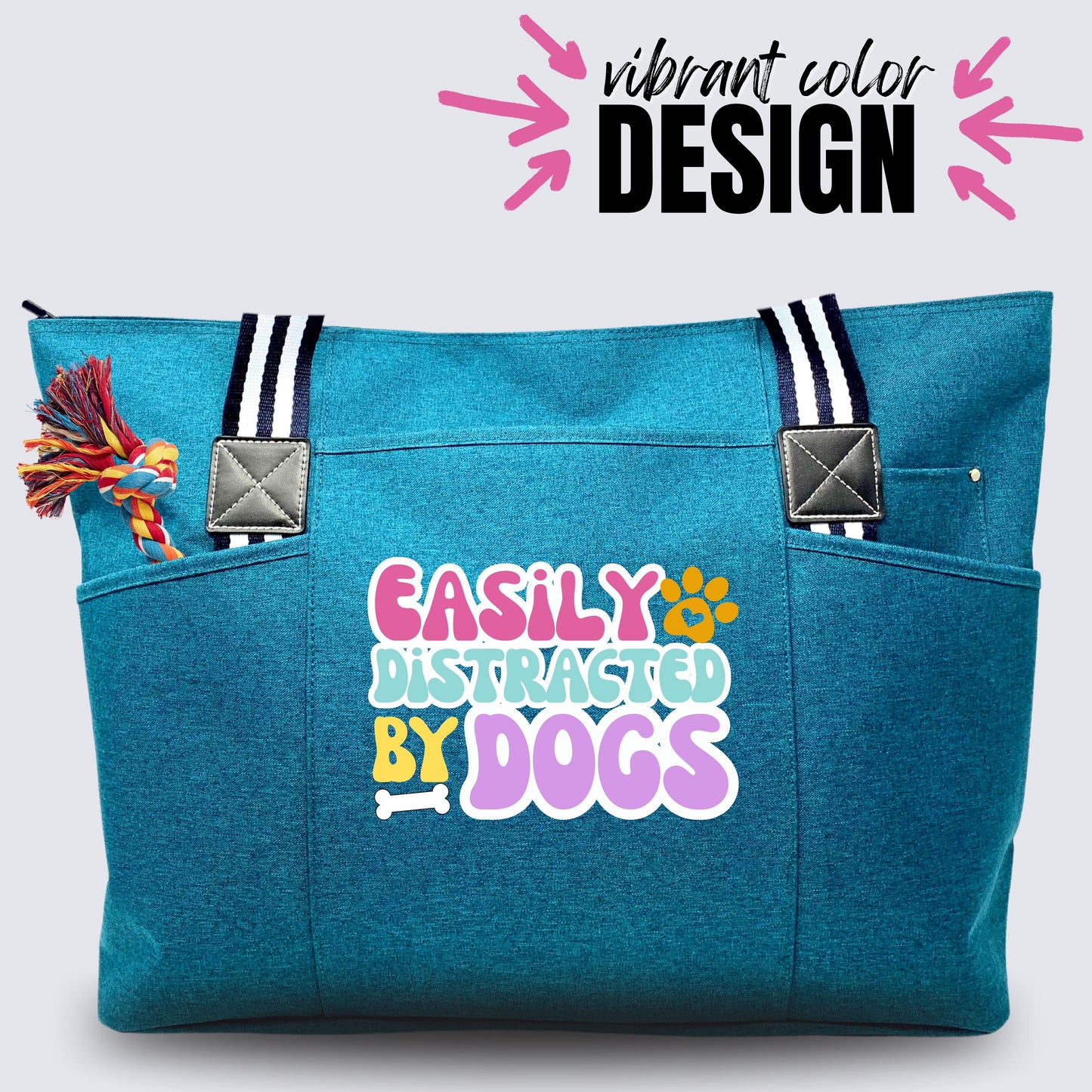 Easily Distracted by Dogs Teal Tessa Tote Bag Gift with Pockets and Zippers