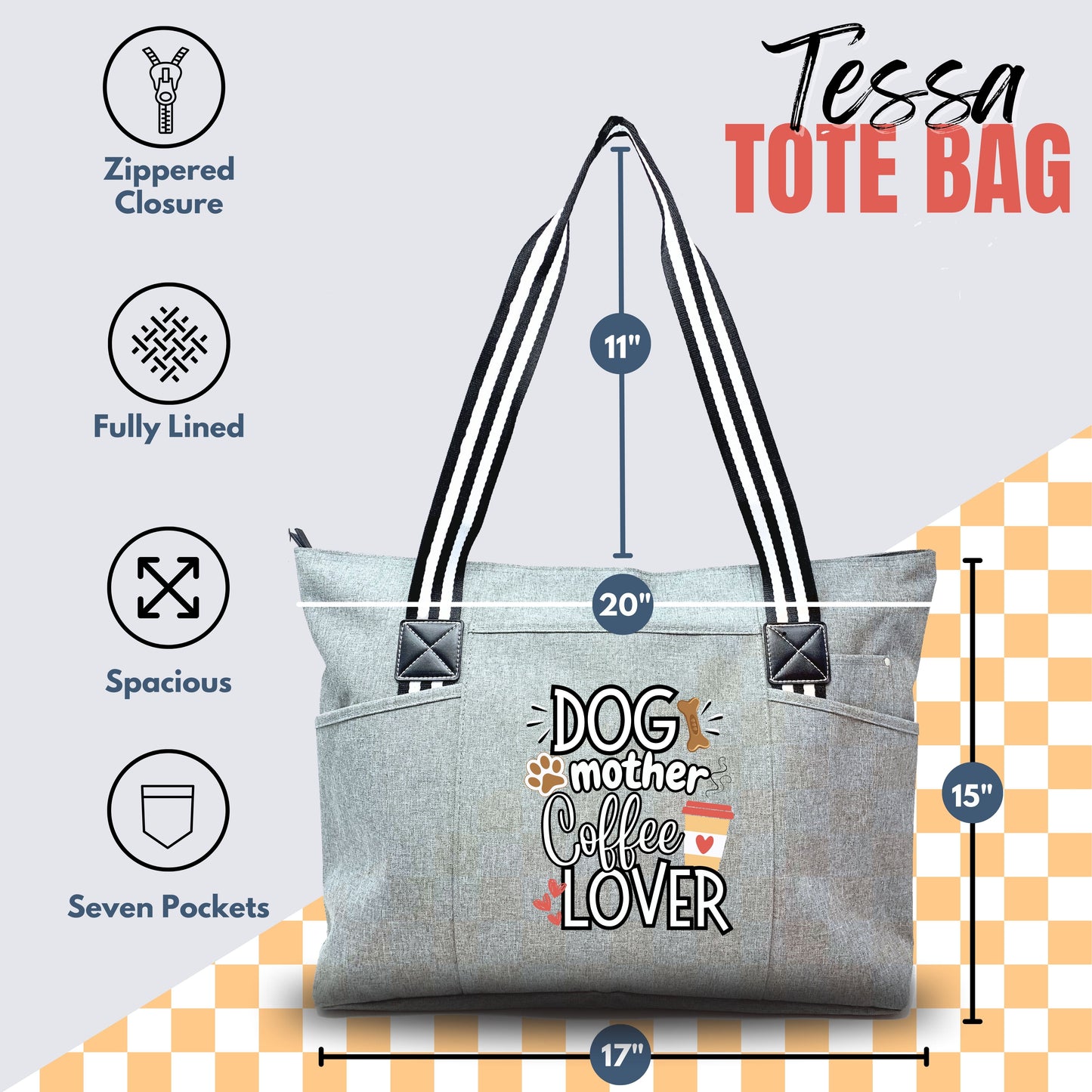 Dog Mother Coffee Lover Gray Tessa Tote Bag Gift with Pockets and Zippers