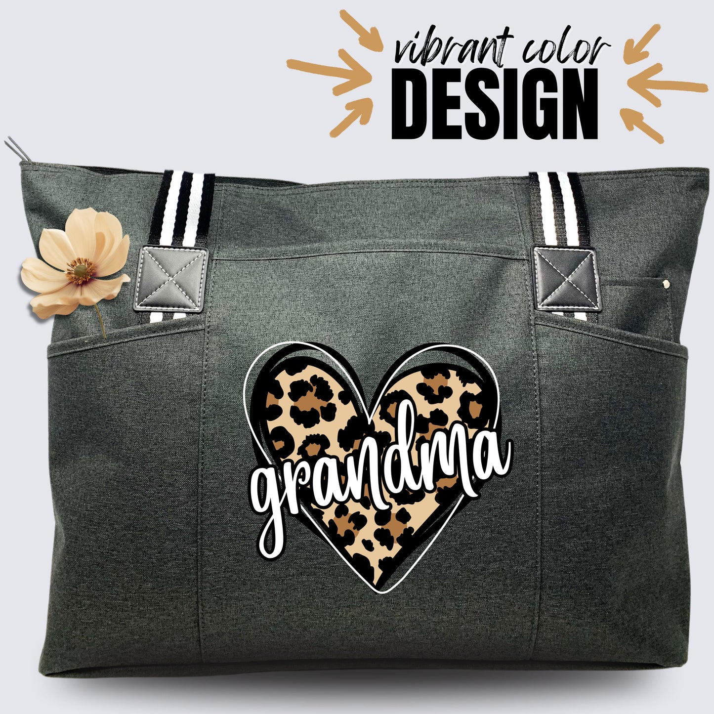 Cheetah Heart Grandma Black Tessa Tote Bag With Pockets and Zippers