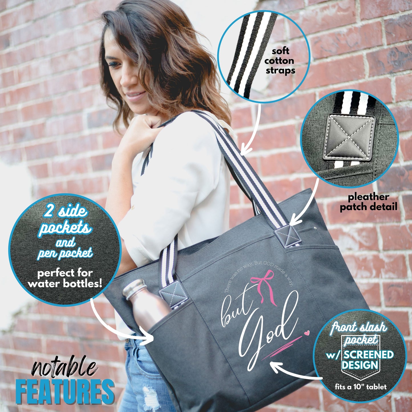 But God Black Tessa Tote Bag With Pockets and Zippers