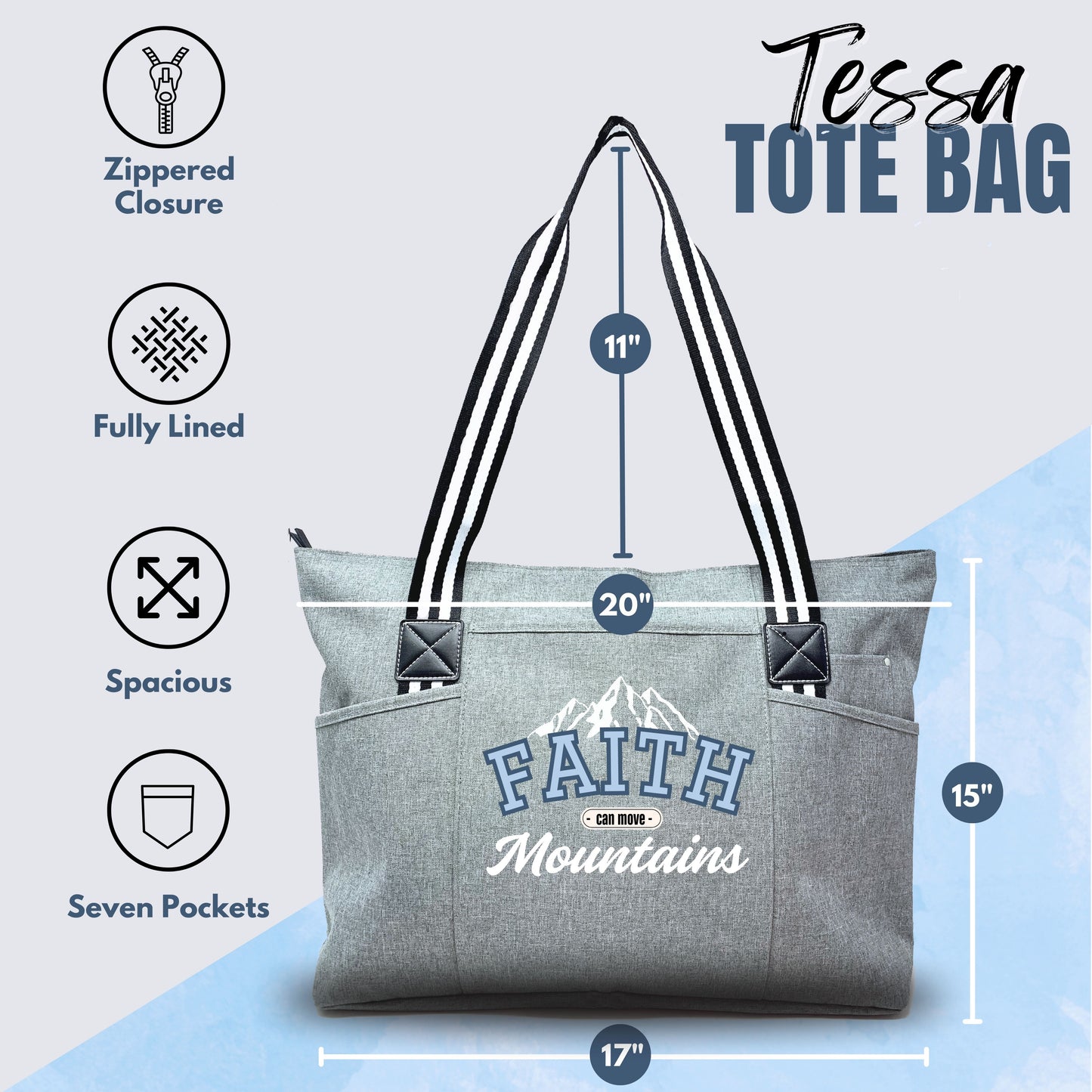 Faith Can Move Mountains Tessa Tote Bag With Pockets and Zippers