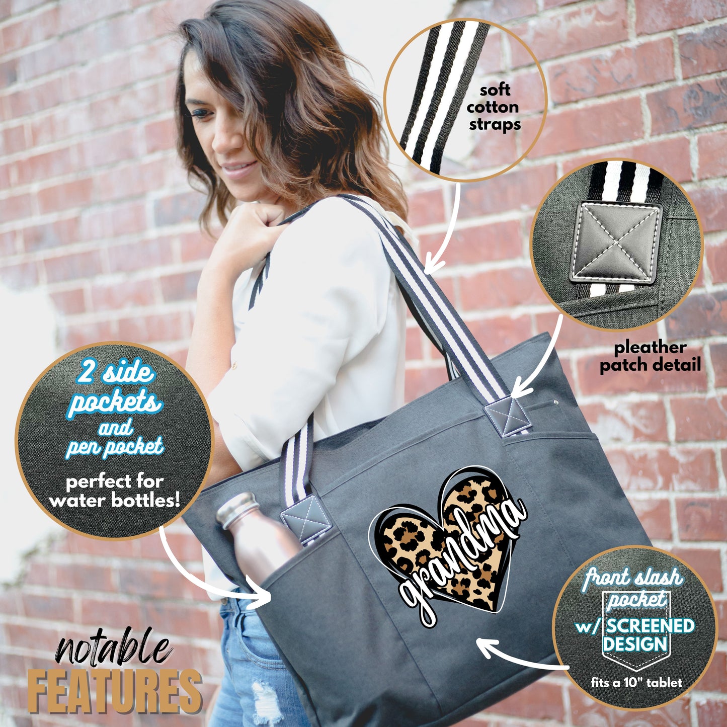 Cheetah Heart Grandma Black Tessa Tote Bag With Pockets and Zippers