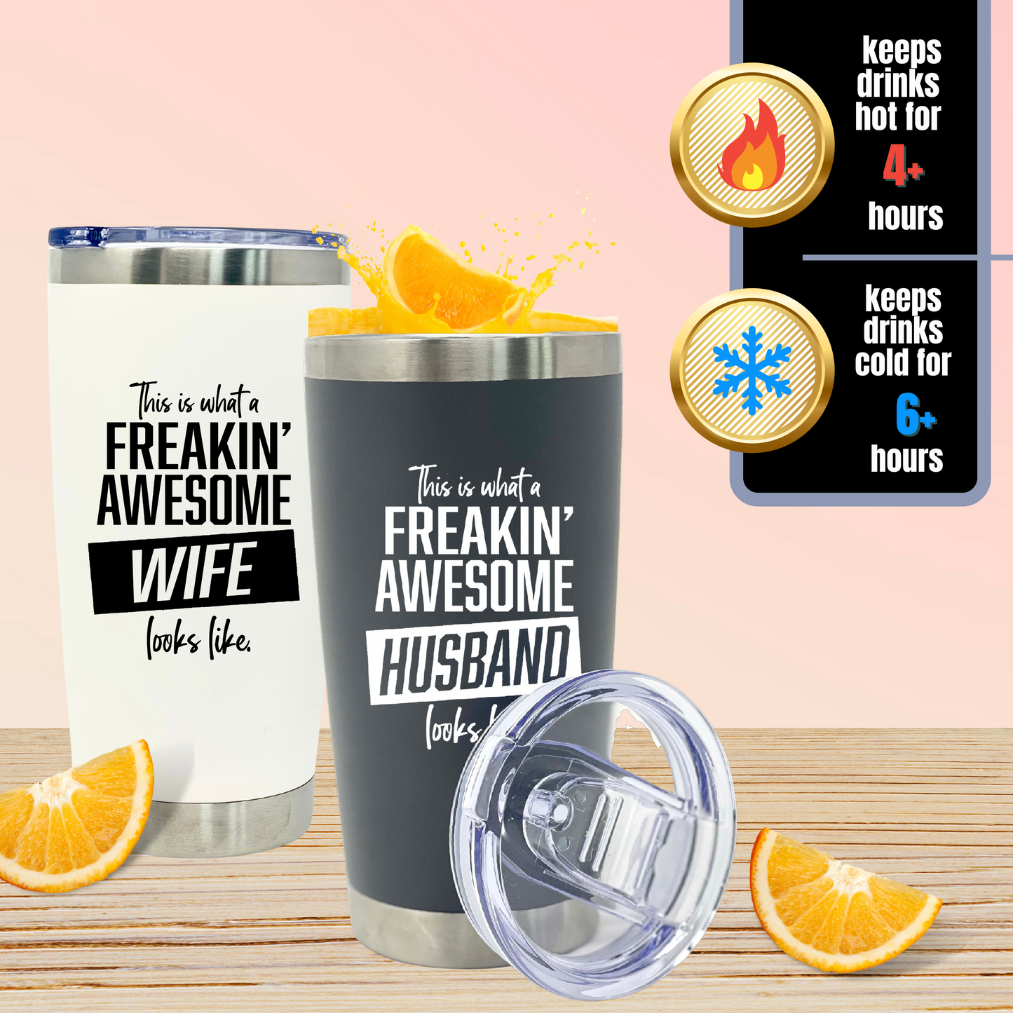 Funny Gift for Husband and Wife - Awesome Wife Cup Husband Tumbler Coffee Mug - Great Travel Cup Gifts for Husbands and Wives, Birthday Presents for Her, Him (Husband and Wife 20 oz Tumbler Gift Set)