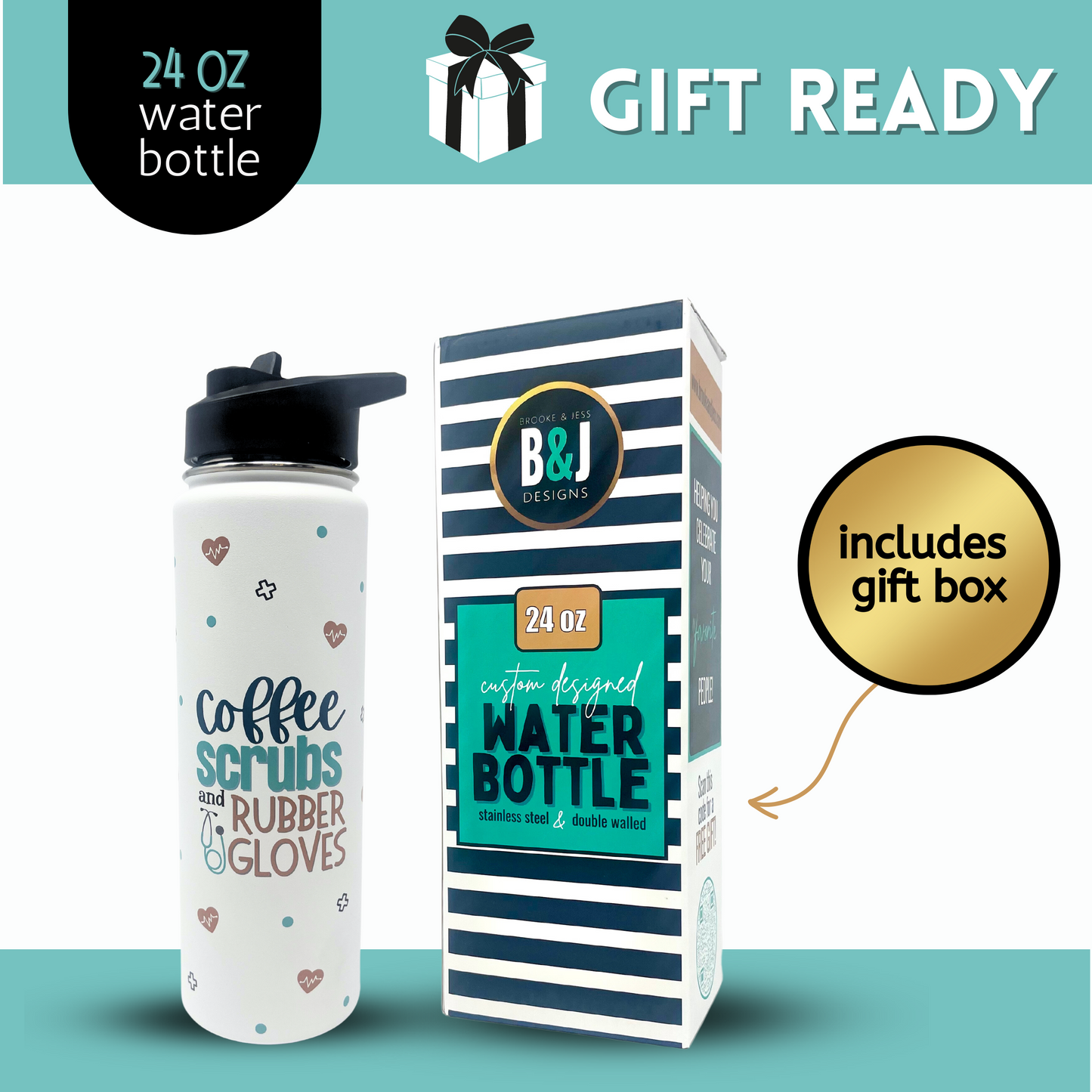 Nurse Gifts for Women - Coffee Scrubs and Rubber gloves full color water bottle