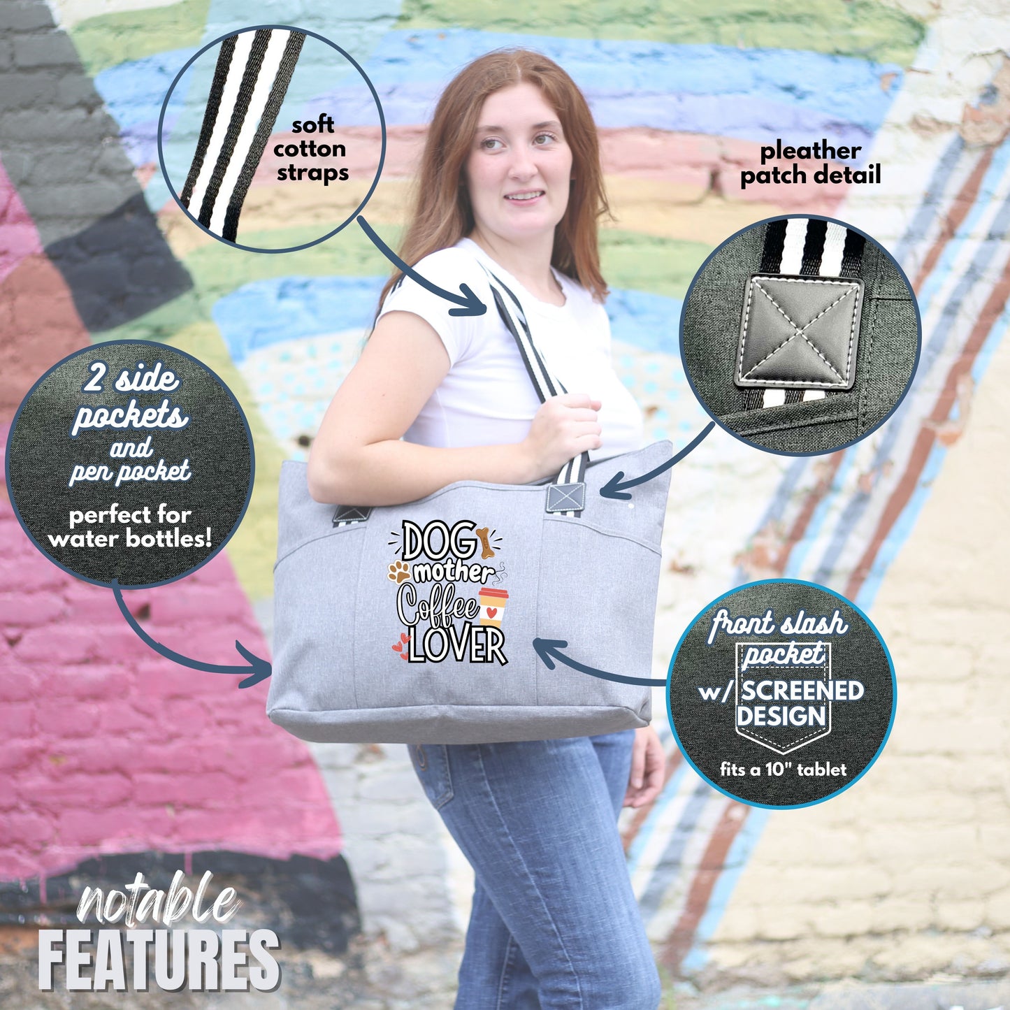 Dog Mother Coffee Lover Gray Tessa Tote Bag Gift with Pockets and Zippers