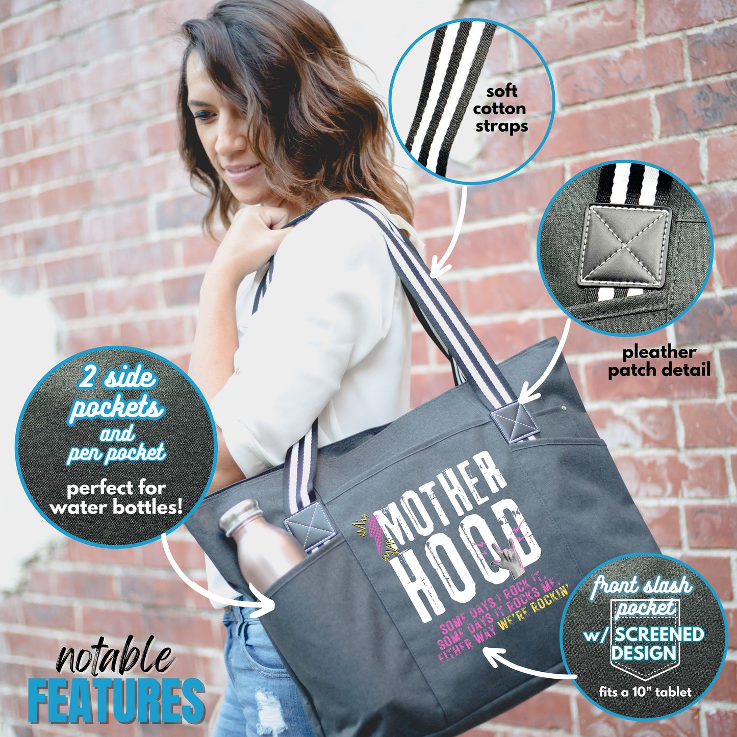 Motherhood Rocks Black Tessa Tote Bag for Mom, Mama, Mommy
