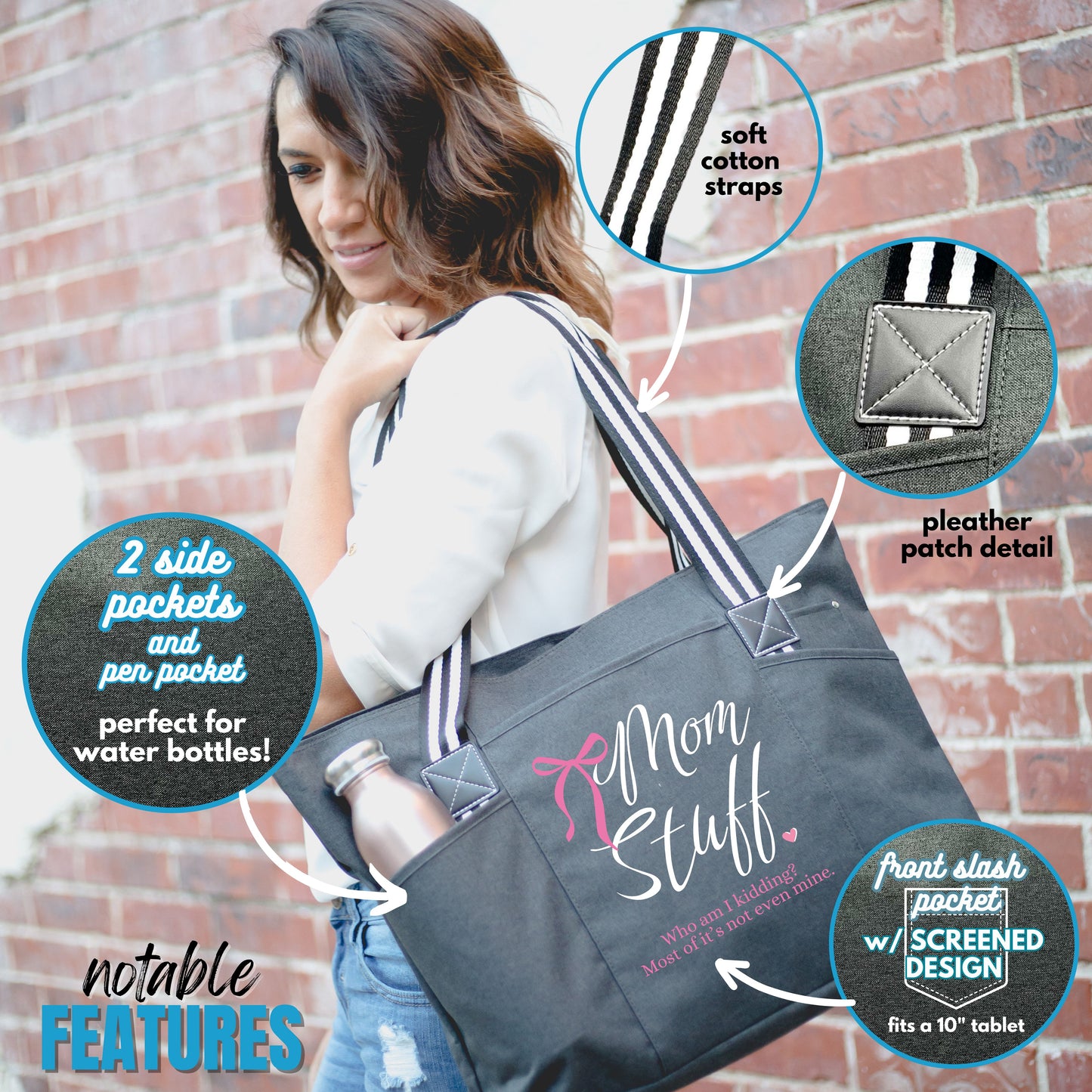 Mom Stuff Black Tessa Tote Bag for Mama