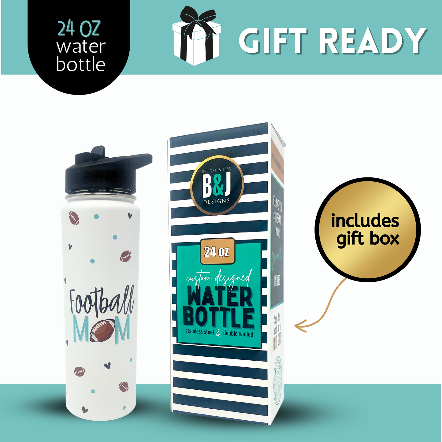 Football Mom Water Bottle Gift - Large Insulated Water Bottle with Straw - Stainless Steel Metal 24 oz Travel Cup for Mom, Mama, Mother, Wife, Women | Keeps Hot and Cold for Hours