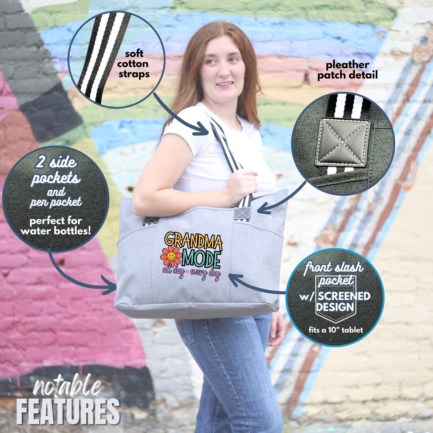 Grandma Mode All Day Every Day Tote Bag Gift with Pockets and Zipper