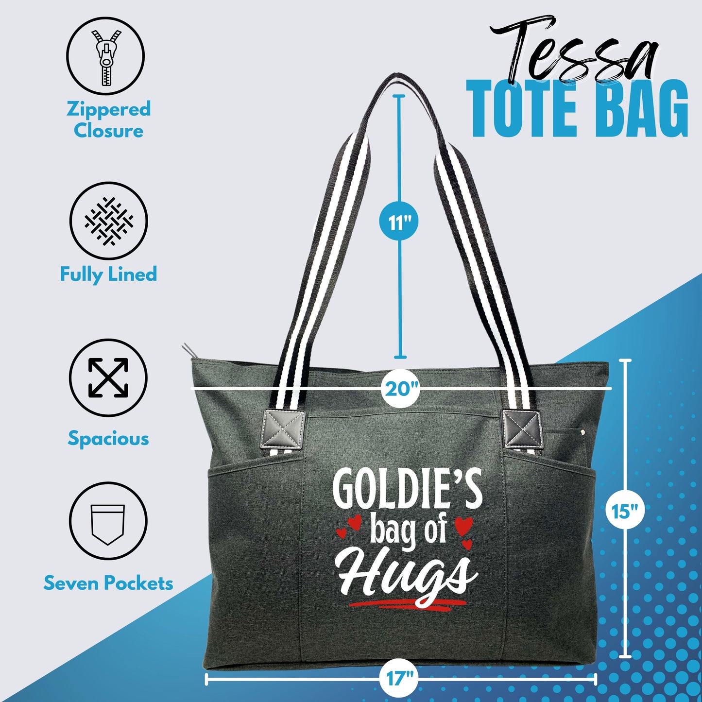 Custom-Designed & Personalized BLACK Tessa Tote Bag with Multiple Zippers and Compartments (Copy) (Copy)