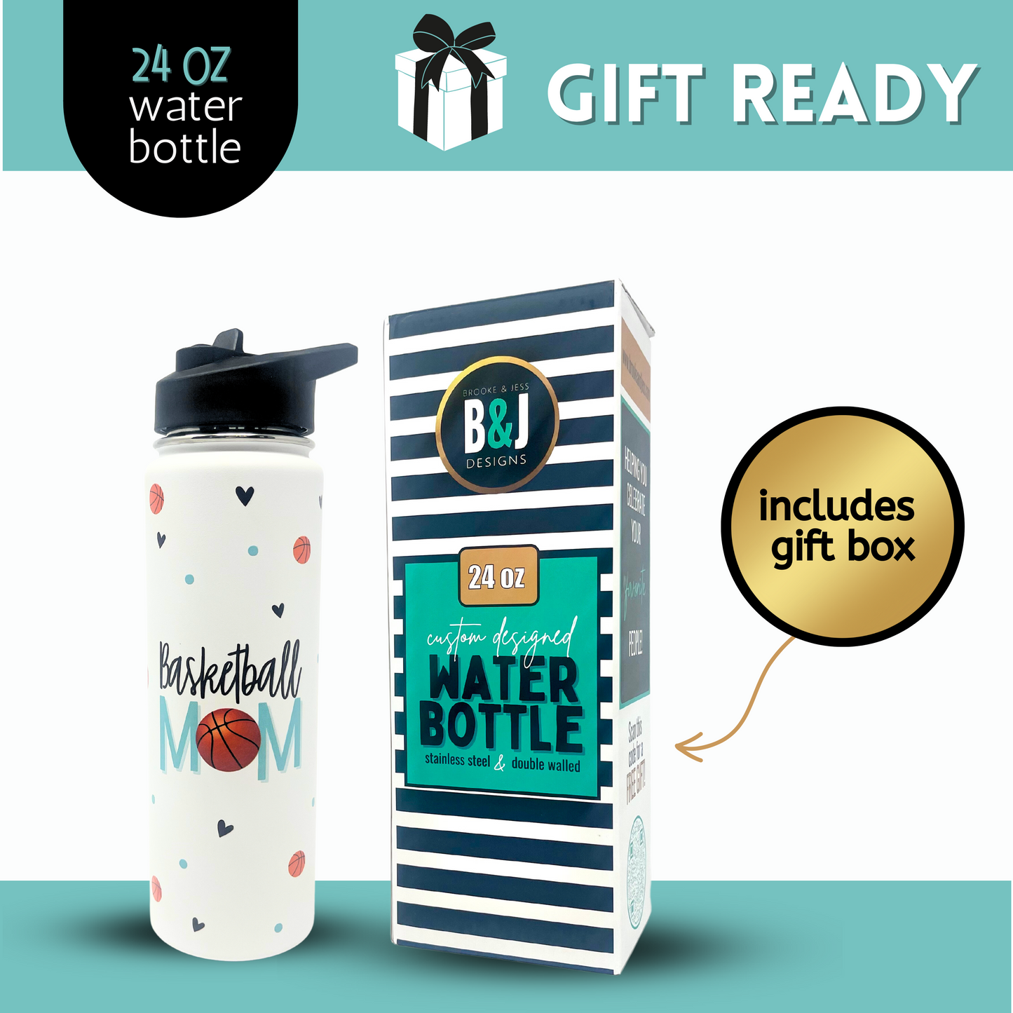 Basketball Mom Water Bottle Gift - Large Insulated Water Bottle with Straw - Stainless Steel Metal 24 oz Travel Cup for Mom, Mama, Mother, Wife, Women | Keeps Hot and Cold for Hours