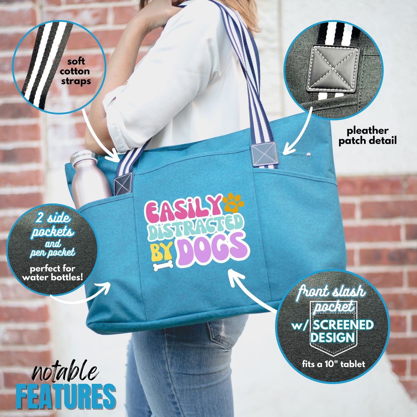 Easily Distracted by Dogs Teal Tessa Tote Bag Gift with Pockets and Zippers