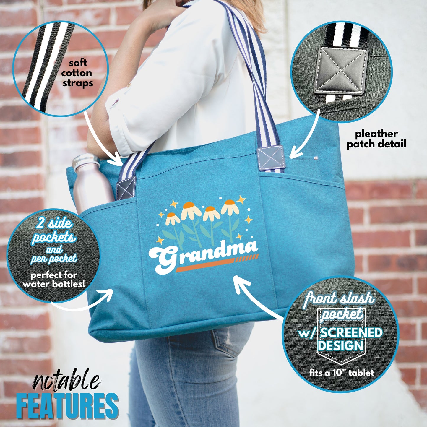 Retro Flowers Grandma Teal Tessa Tote Bag with Pockets and Zippers