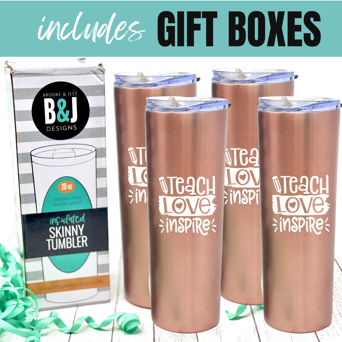 Brooke & Jess Designs Teacher Gifts for Women - Teacher Mug, Tumbler, Cup - Teacher Appreciation Gifts for Teachers, Gift Ideas for Birthday, New Teachers (Teach Love Inspire 20 oz Skinny 4 Pack)