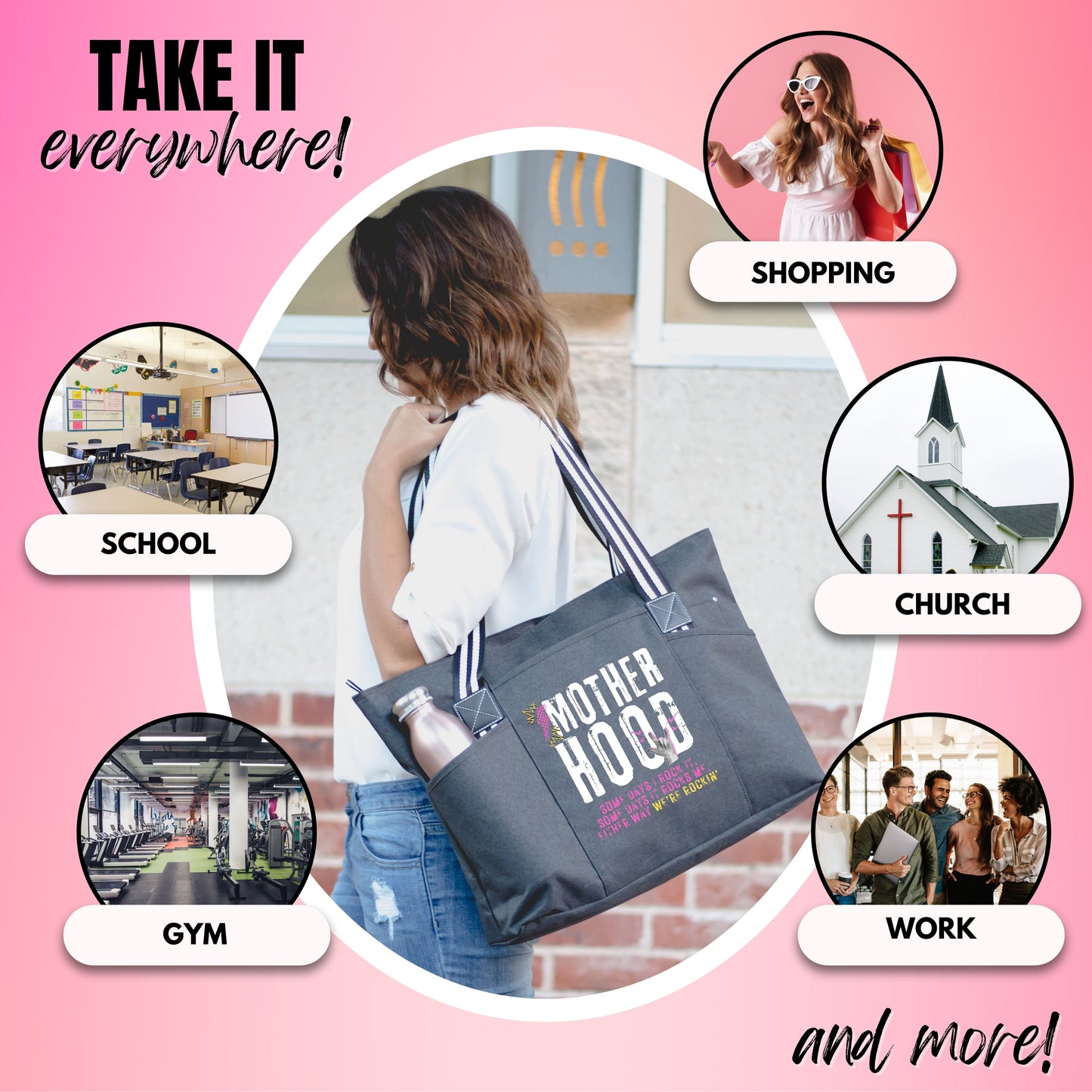 Motherhood Rocks Black Tessa Tote Bag for Mom, Mama, Mommy