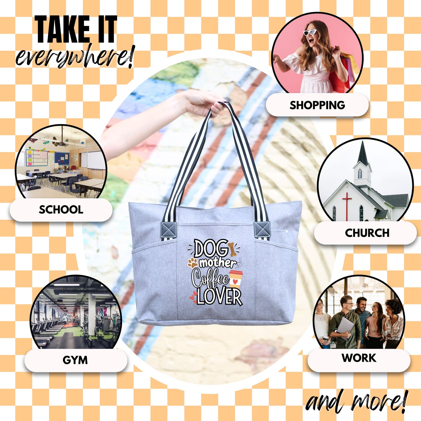 Dog Mother Coffee Lover Gray Tessa Tote Bag Gift with Pockets and Zippers