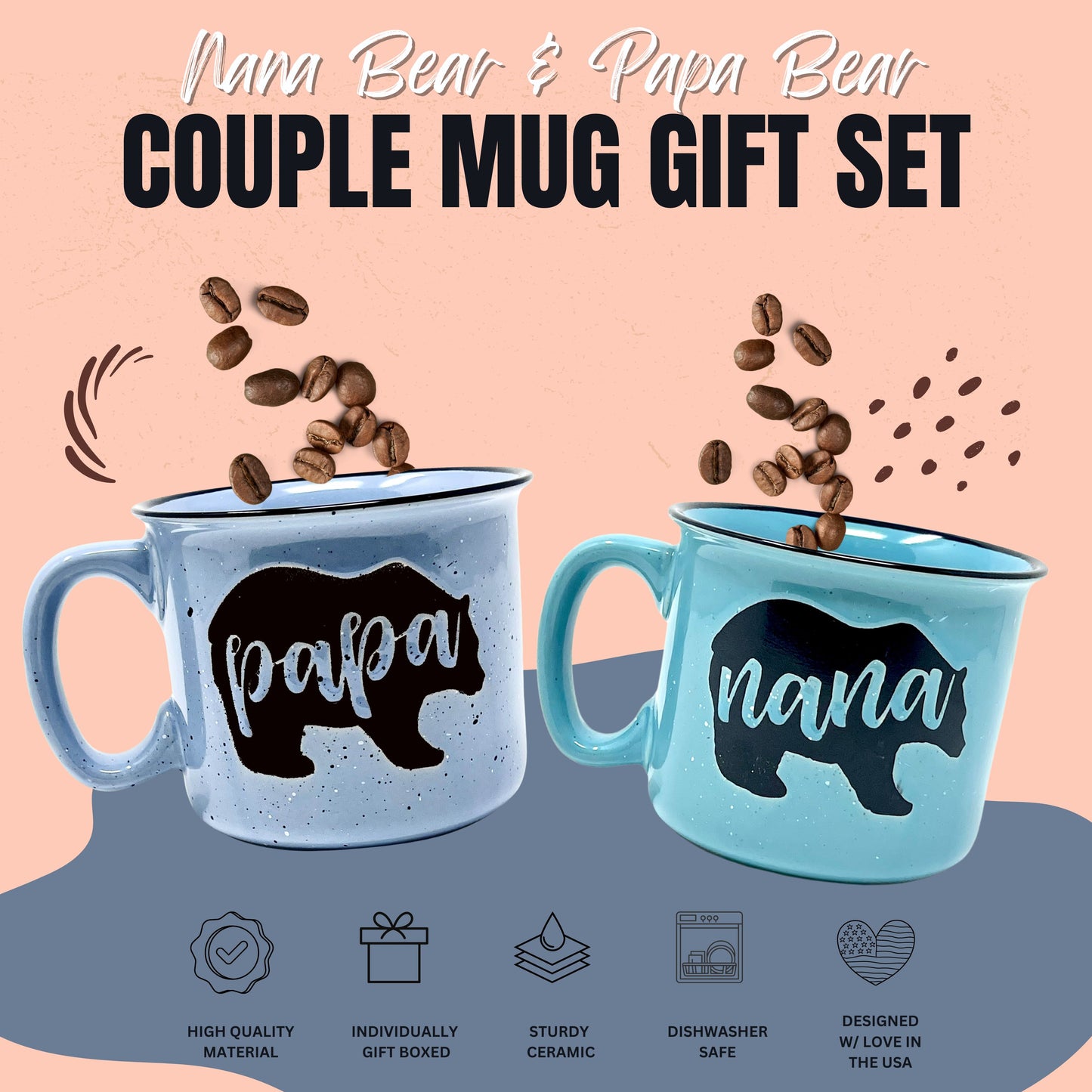 Nana Bear Cute Coffee Mug for Grandma, Grandmother - Grandma Gifts, Mother's Day, Christmas, Birthday (Nana Bear Teal and Papa Bear Light Blue Gift Set)