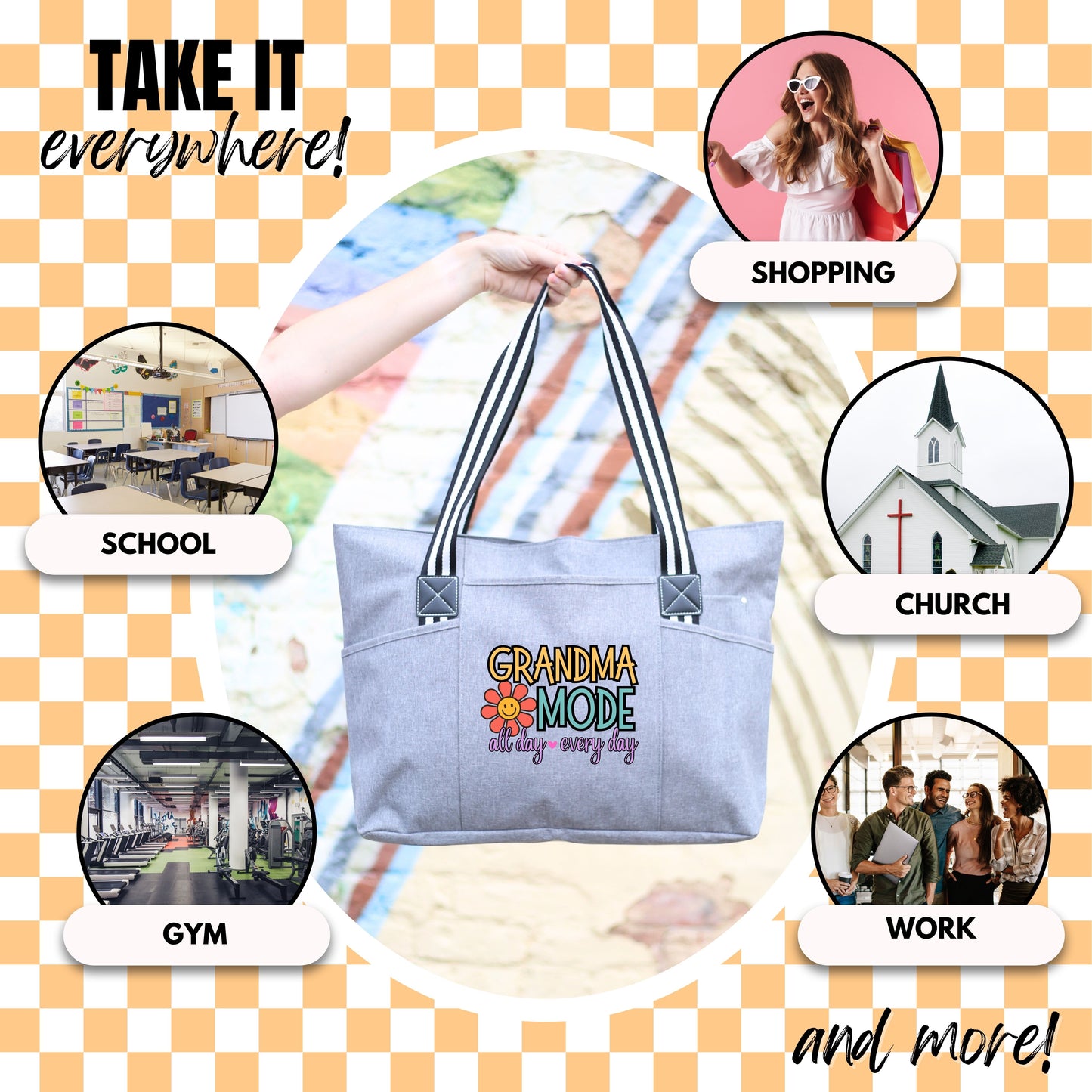 Grandma Mode All Day Every Day Tote Bag Gift with Pockets and Zipper