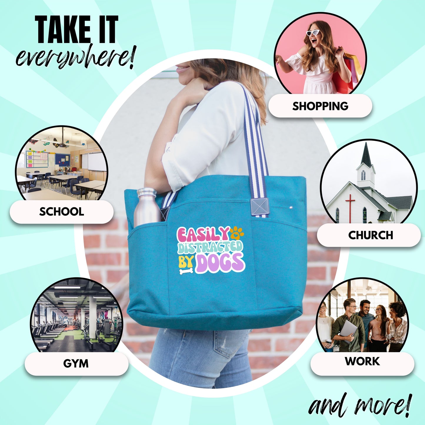 Easily Distracted by Dogs Teal Tessa Tote Bag Gift with Pockets and Zippers