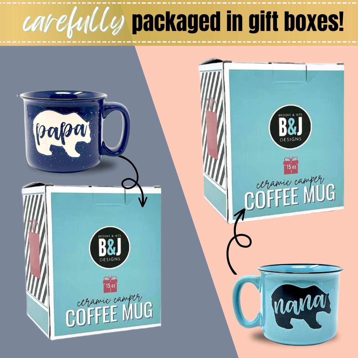 Nana Bear Teal & Papa Bear Navy Blue Coffee Mug Gift Set - Cute, Large Coffee Cup Sets for Parents, Couples, Grandparents - Unique Fun Gifts for Him, Her, Birthday, Anniversary, Mother's Day, Father's Day, Christmas